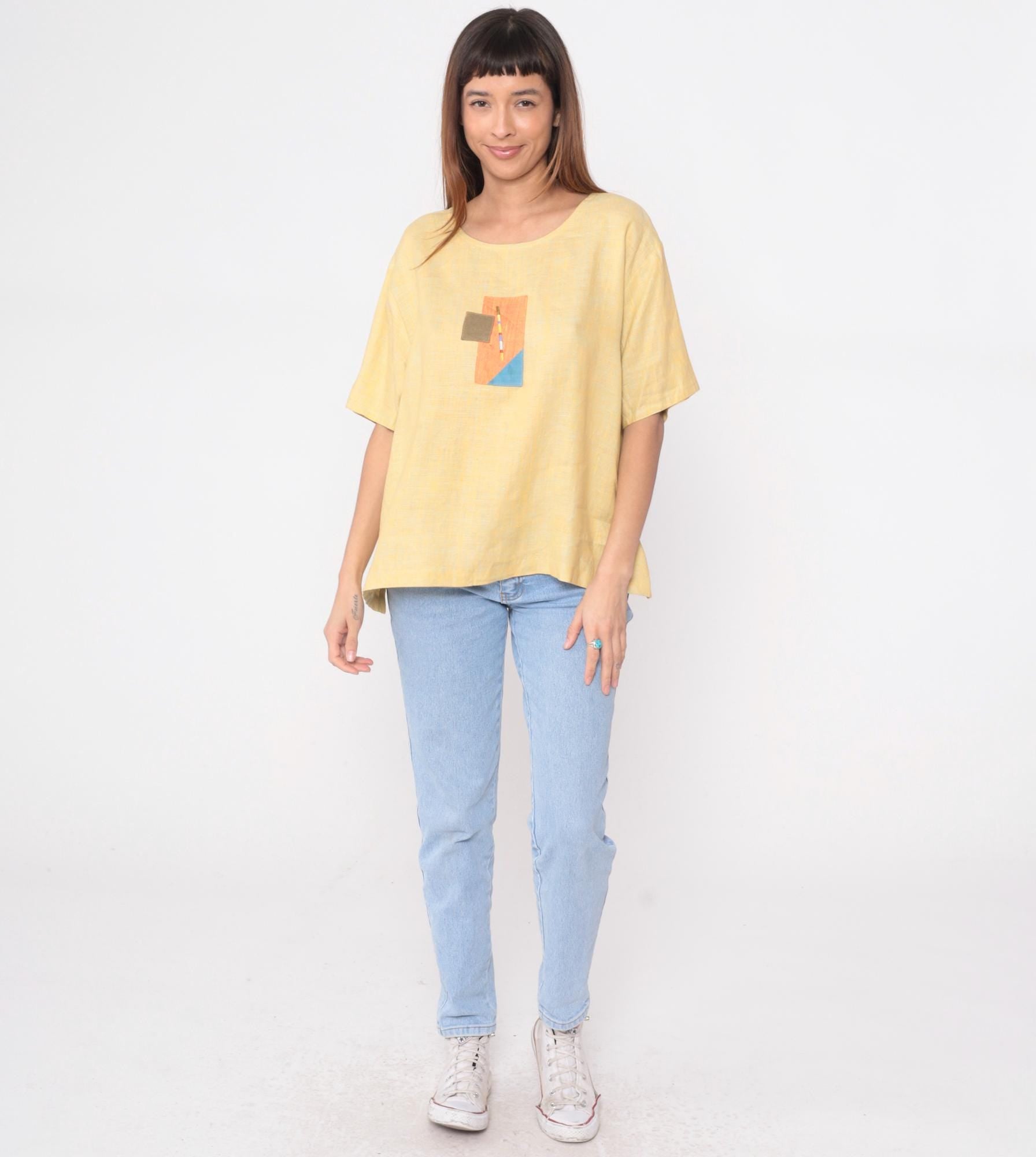 90s Nino Wong Yellow Linen Blouse Geometric Appliqué Short Sleeve Large L