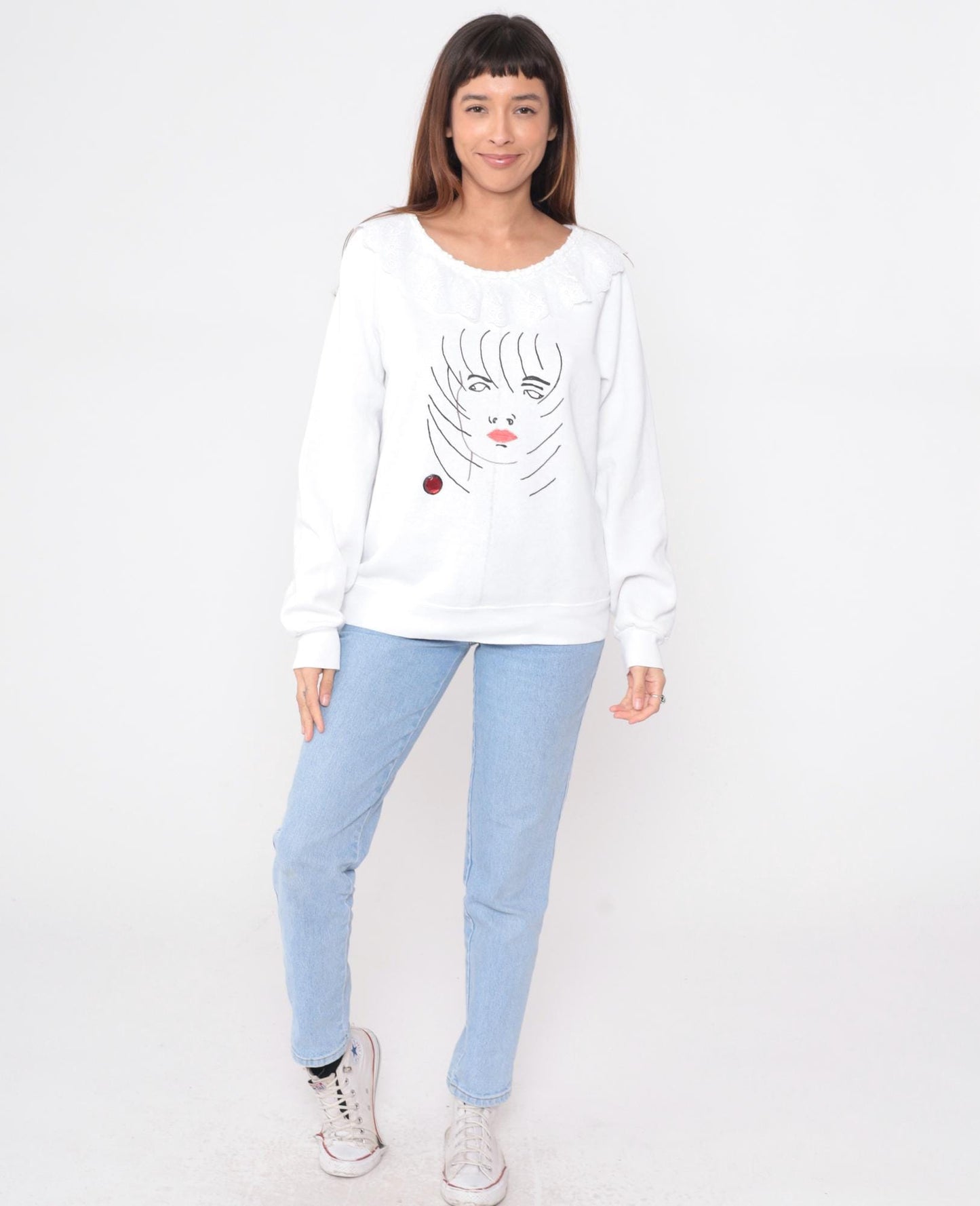 80s White Sweatshirt Embroidered Face Illustration Raglan Crew Neck Large L