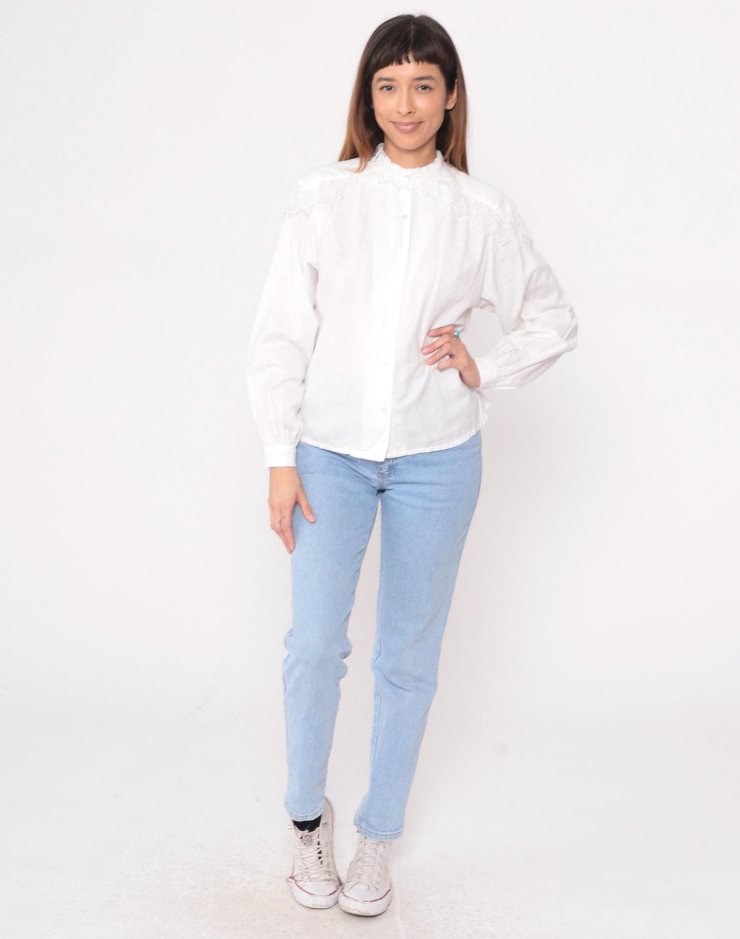 90s Carol Bird White Blouse Embroidered Lace Yoke Smocked Shoulders Medium