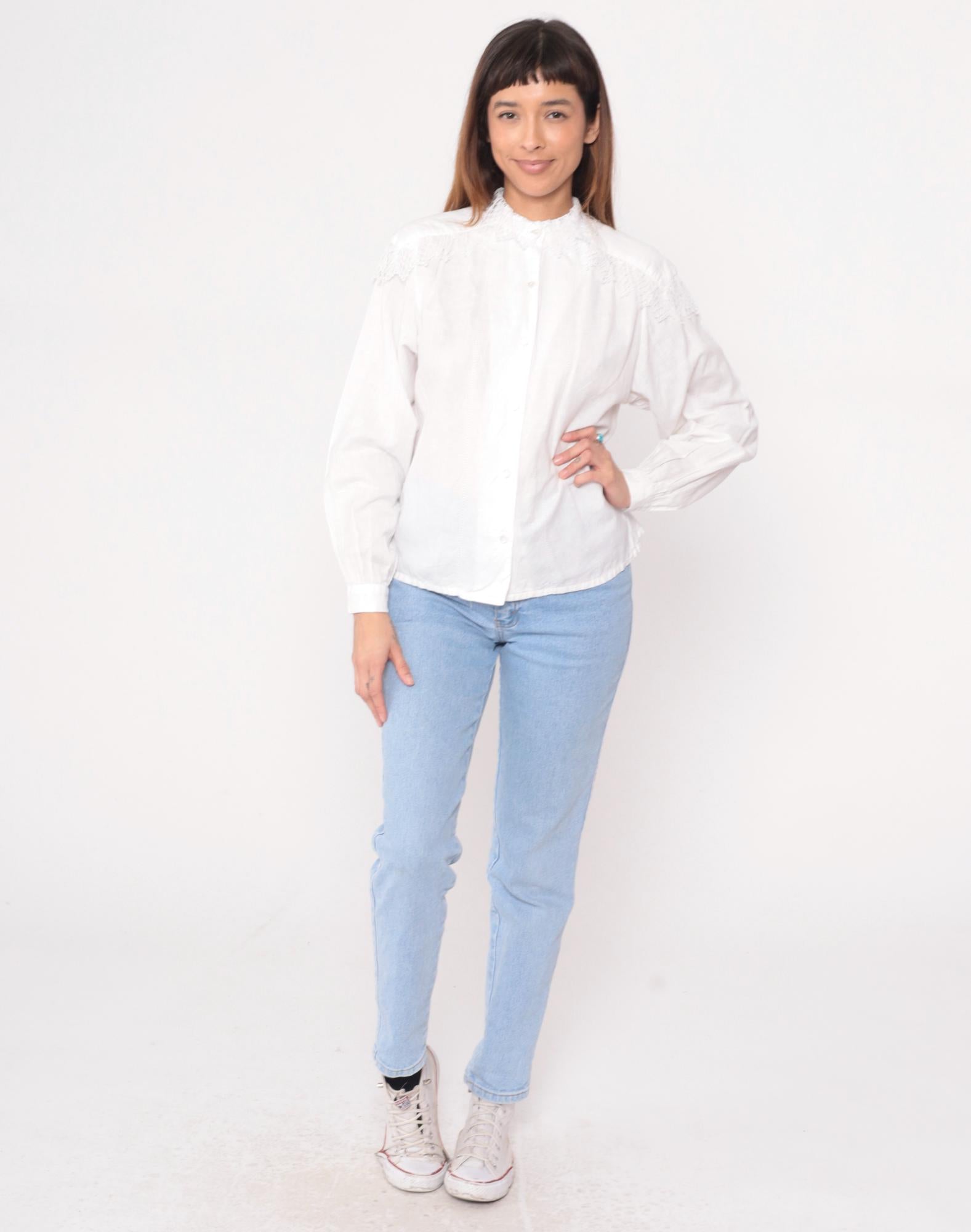 90s Carol Bird White Blouse Embroidered Lace Yoke Smocked Shoulders Medium