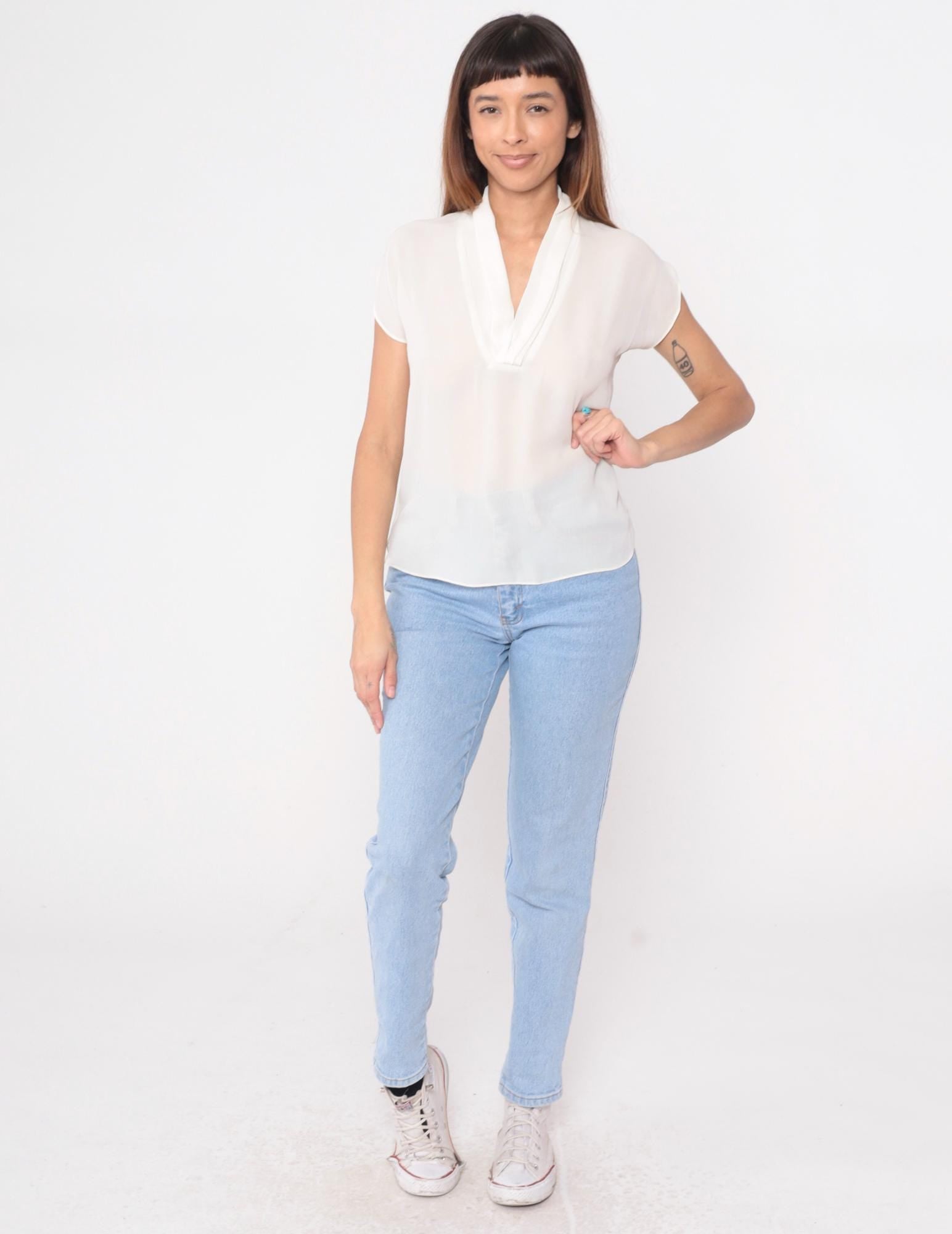 90s Oui Petites Cream Sheer Blouse V-Neck Cap Sleeve Small