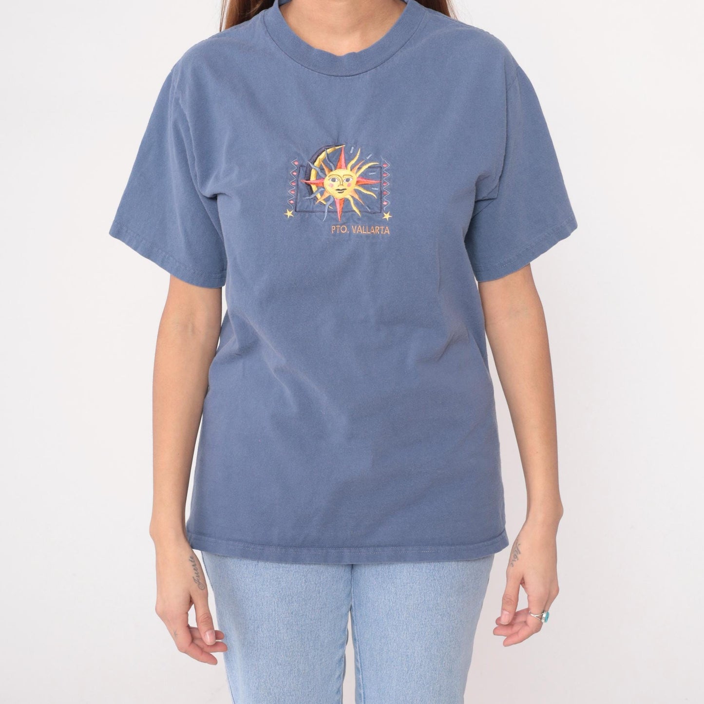 90s Yacht Club Puerto Vallarta Tee Sun Moon Embroidered Graphic Blue Medium