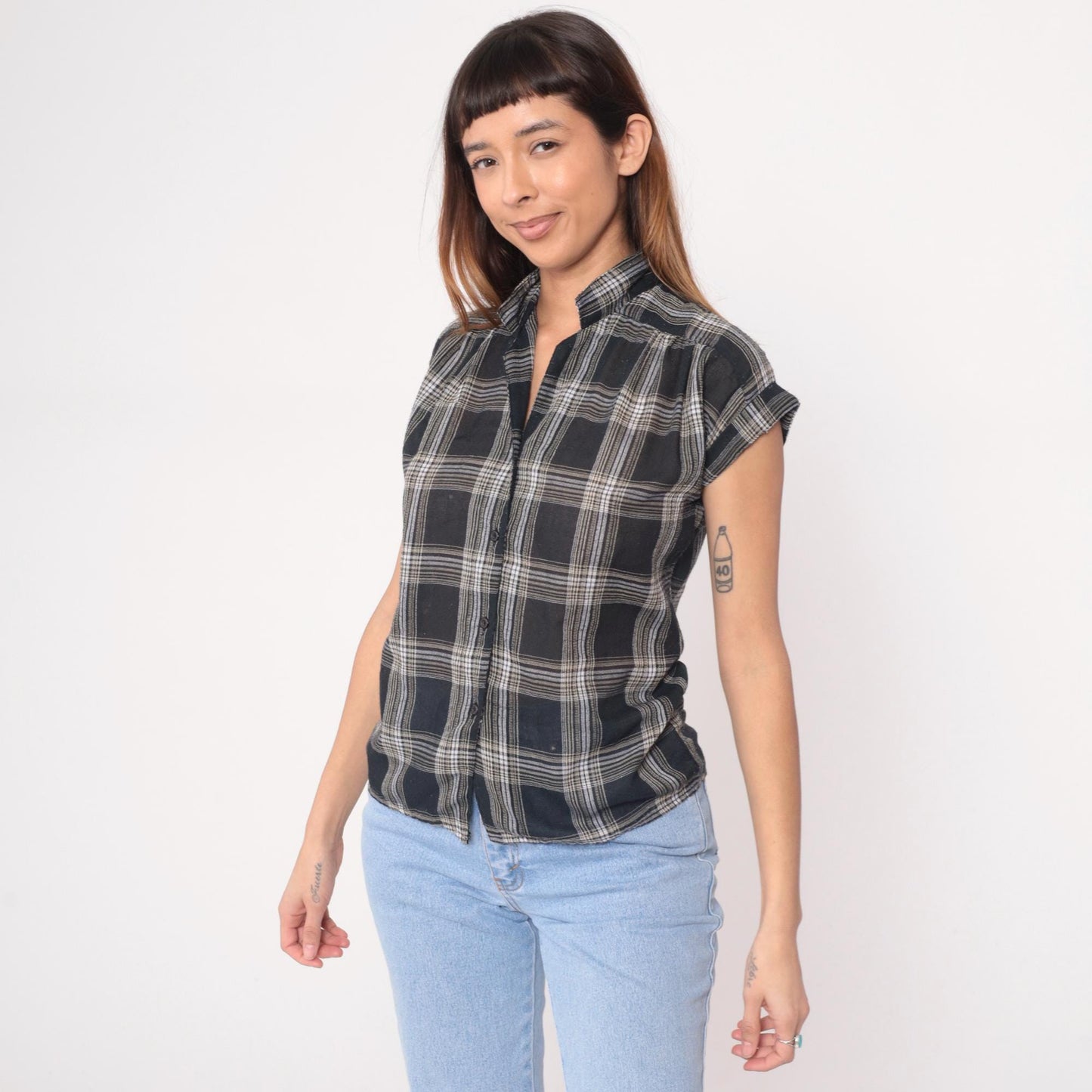 90s Bonjour Black White Plaid Short Sleeve Shirt Small
