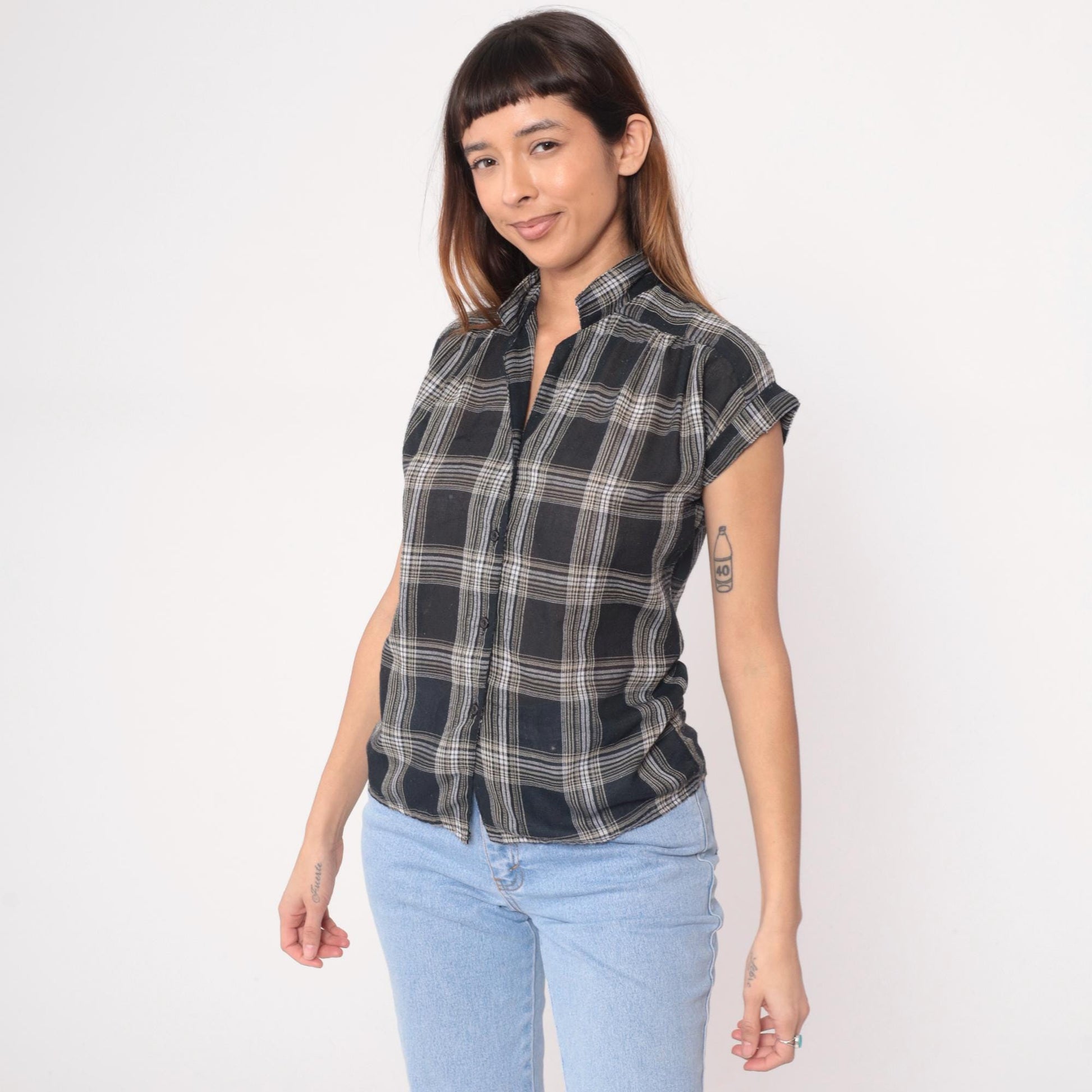 90s Bonjour Black White Plaid Short Sleeve Shirt Small