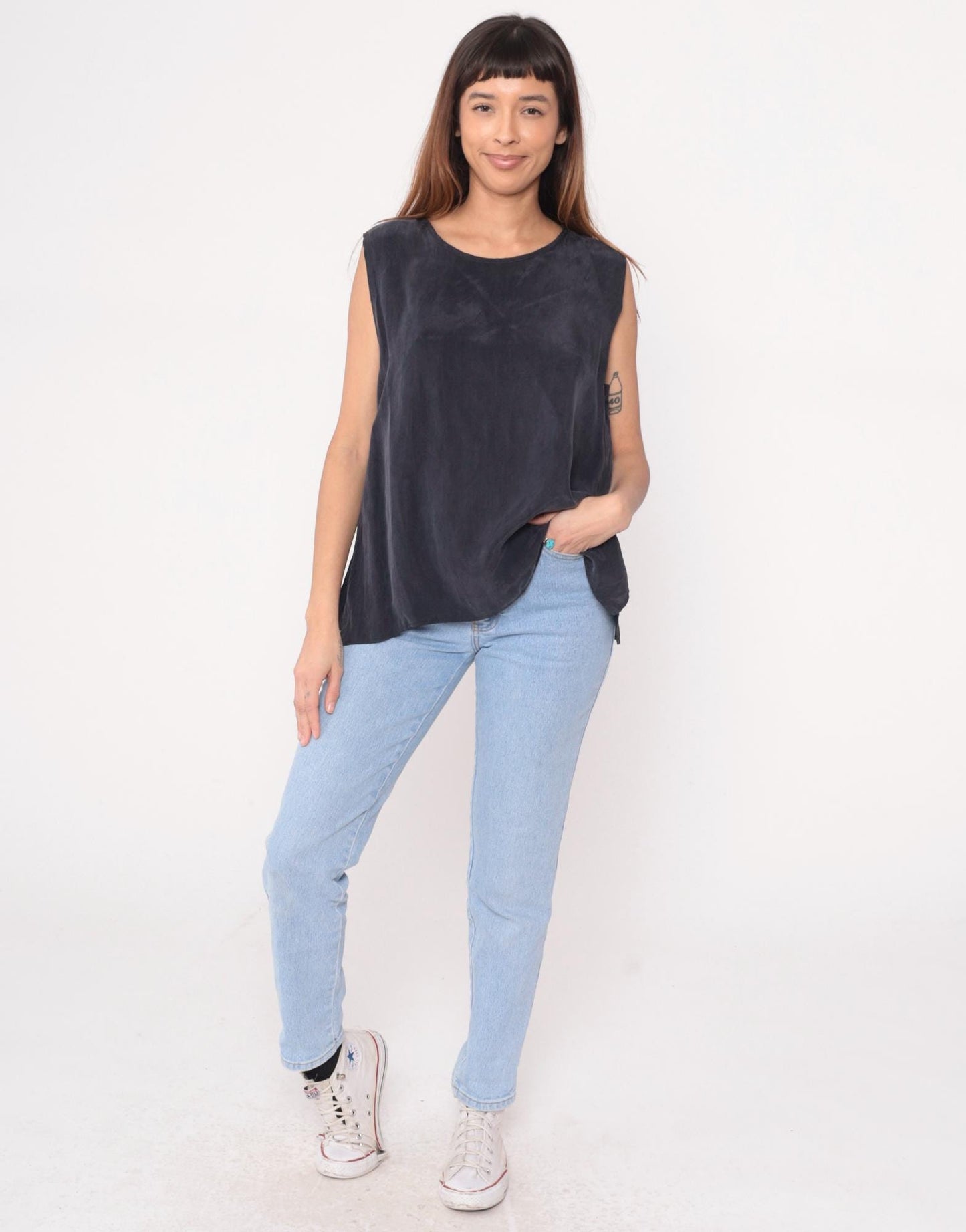 90s Black Rayon Tank Top Scoop Neck Sleeveless Camisole Large L