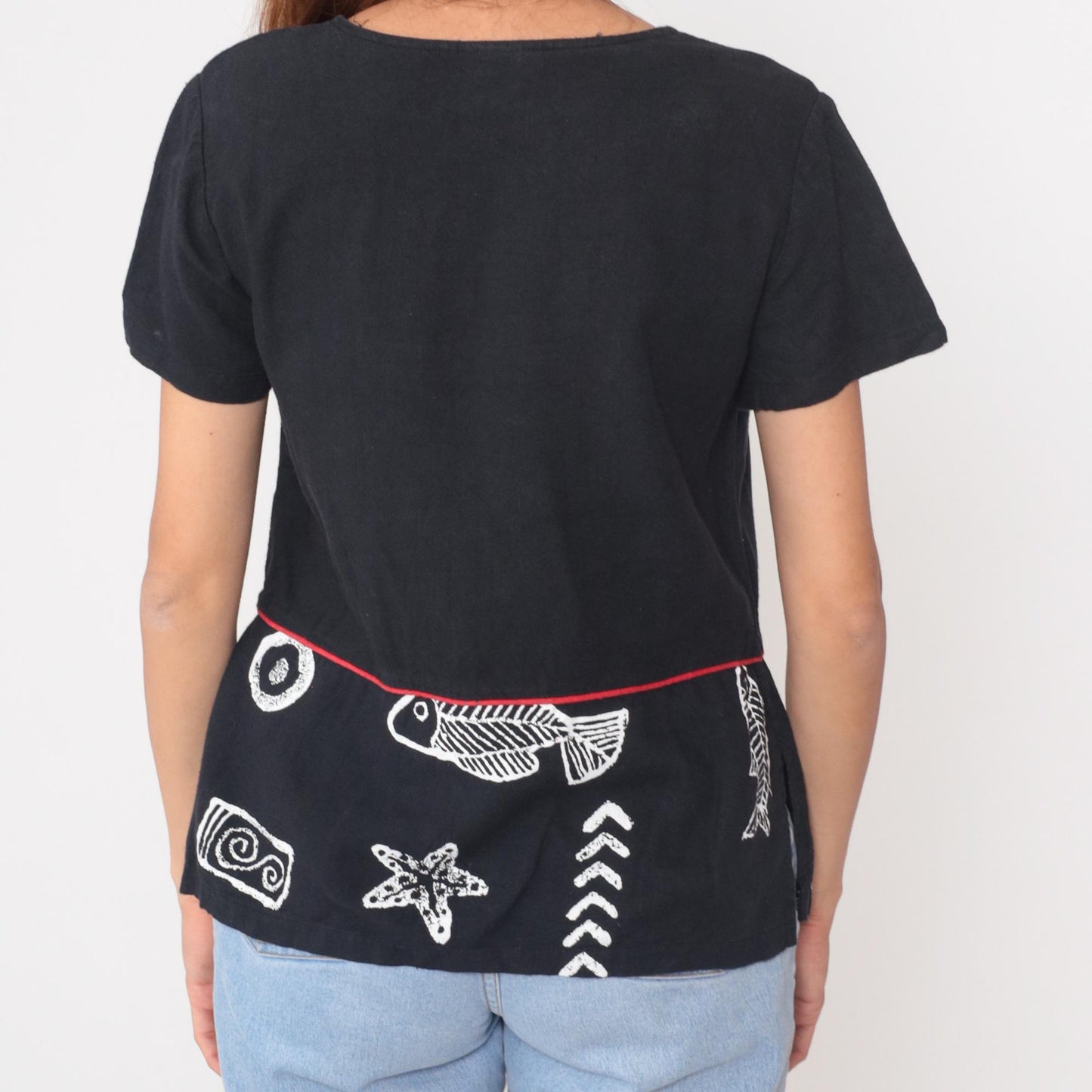 90s Sidan Black Fish Skeleton Nautical Print T-Shirt Small S