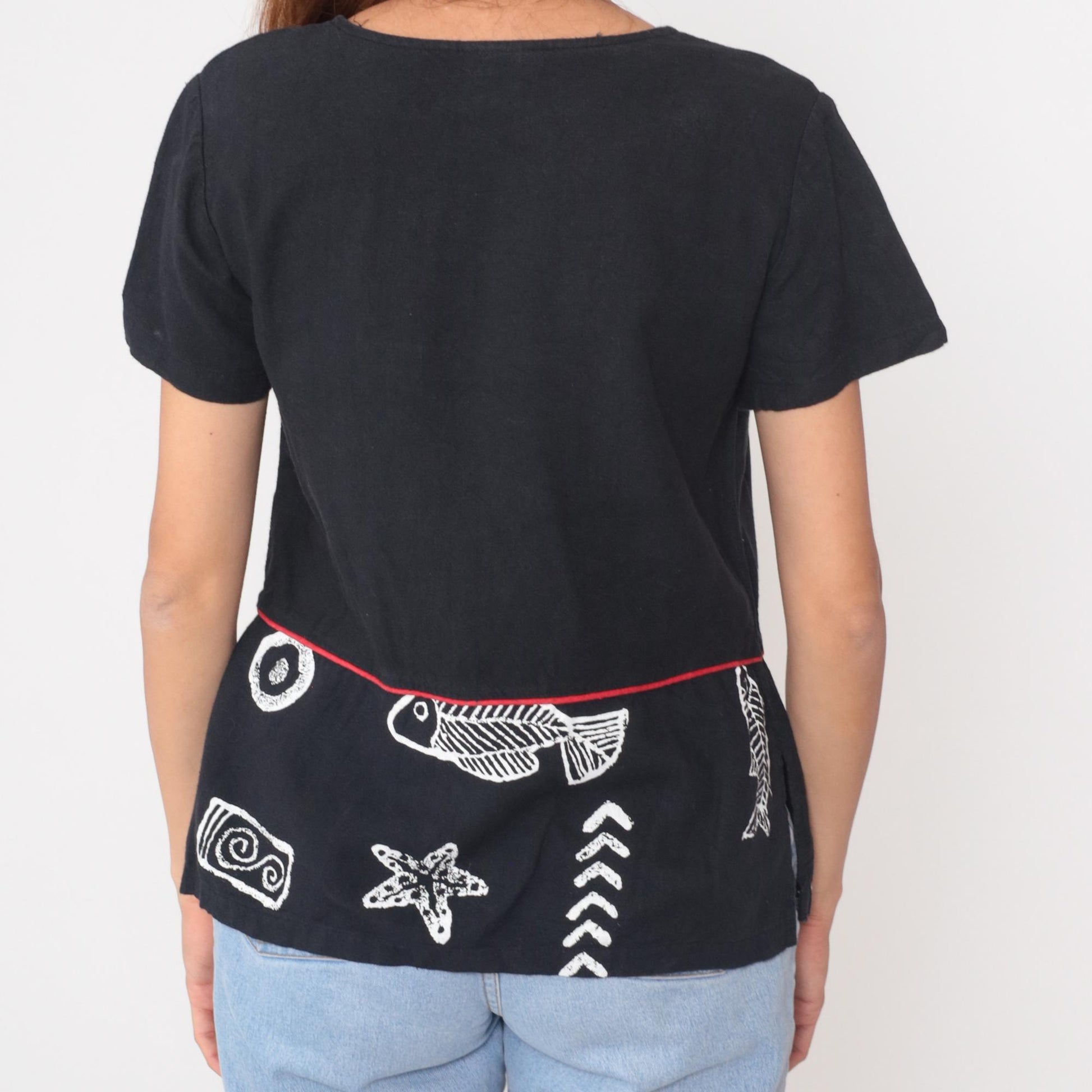 90s Sidan Black Fish Skeleton Nautical Print T-Shirt Small S