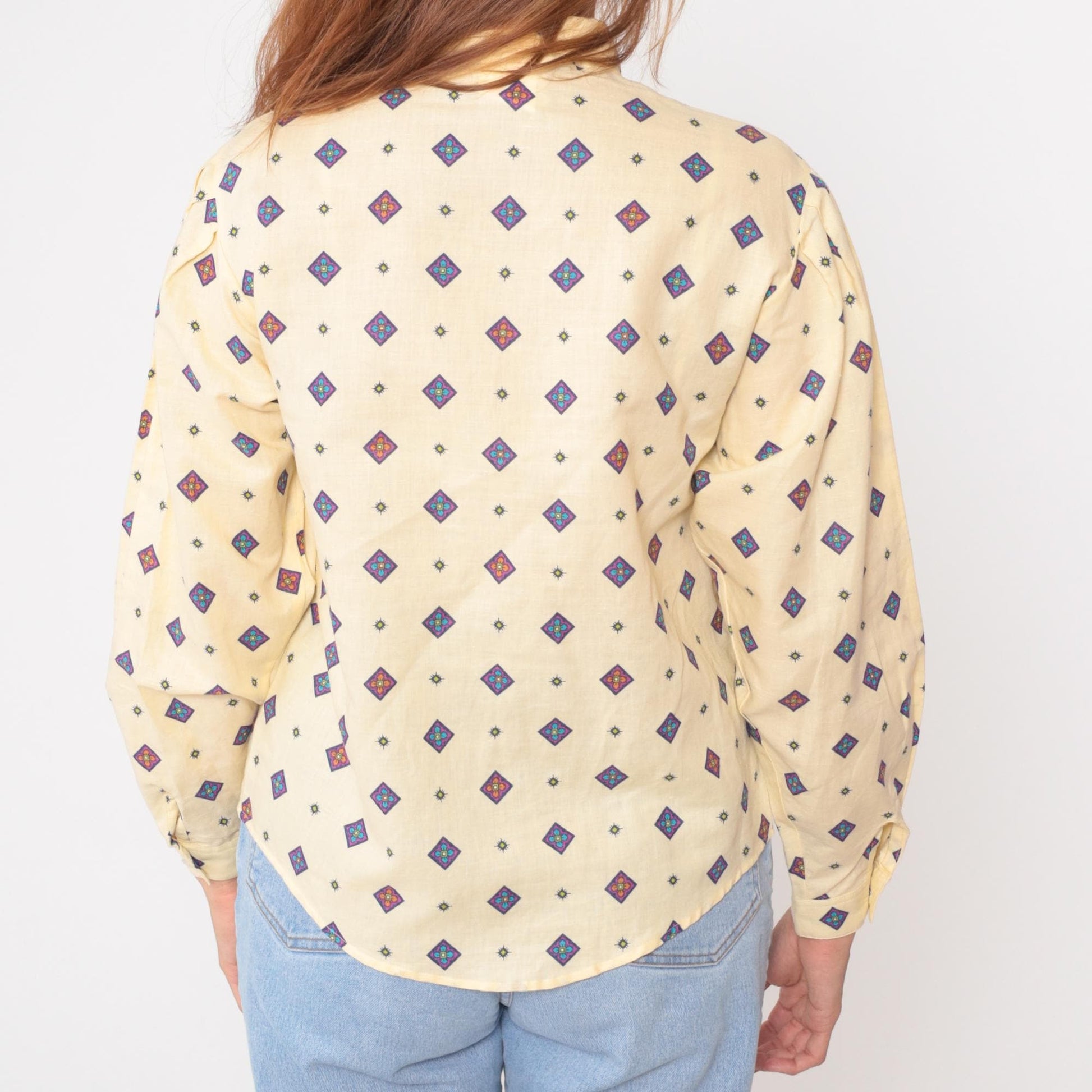 80s Pale Yellow Diamond Print Button-Up Blouse Purple Blue Geometric Medium