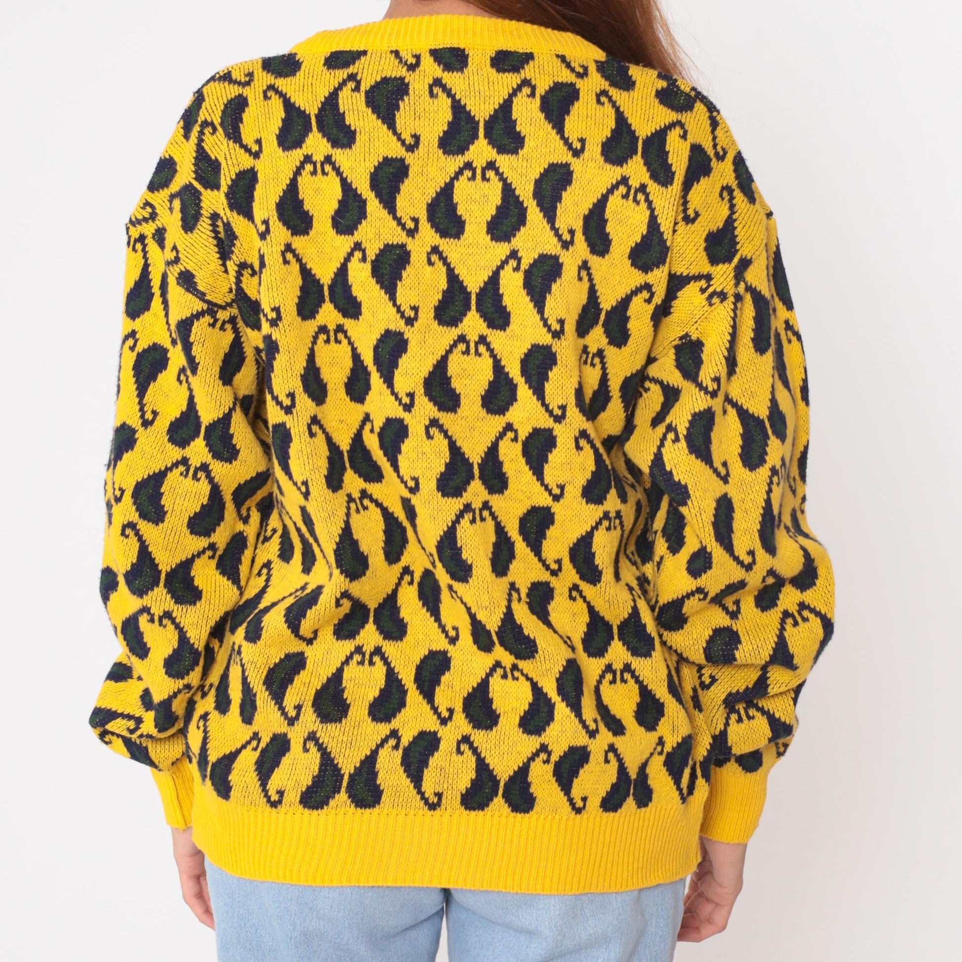 90s Yellow Black Paisley Knit Sweater Crewneck Pullover Medium M