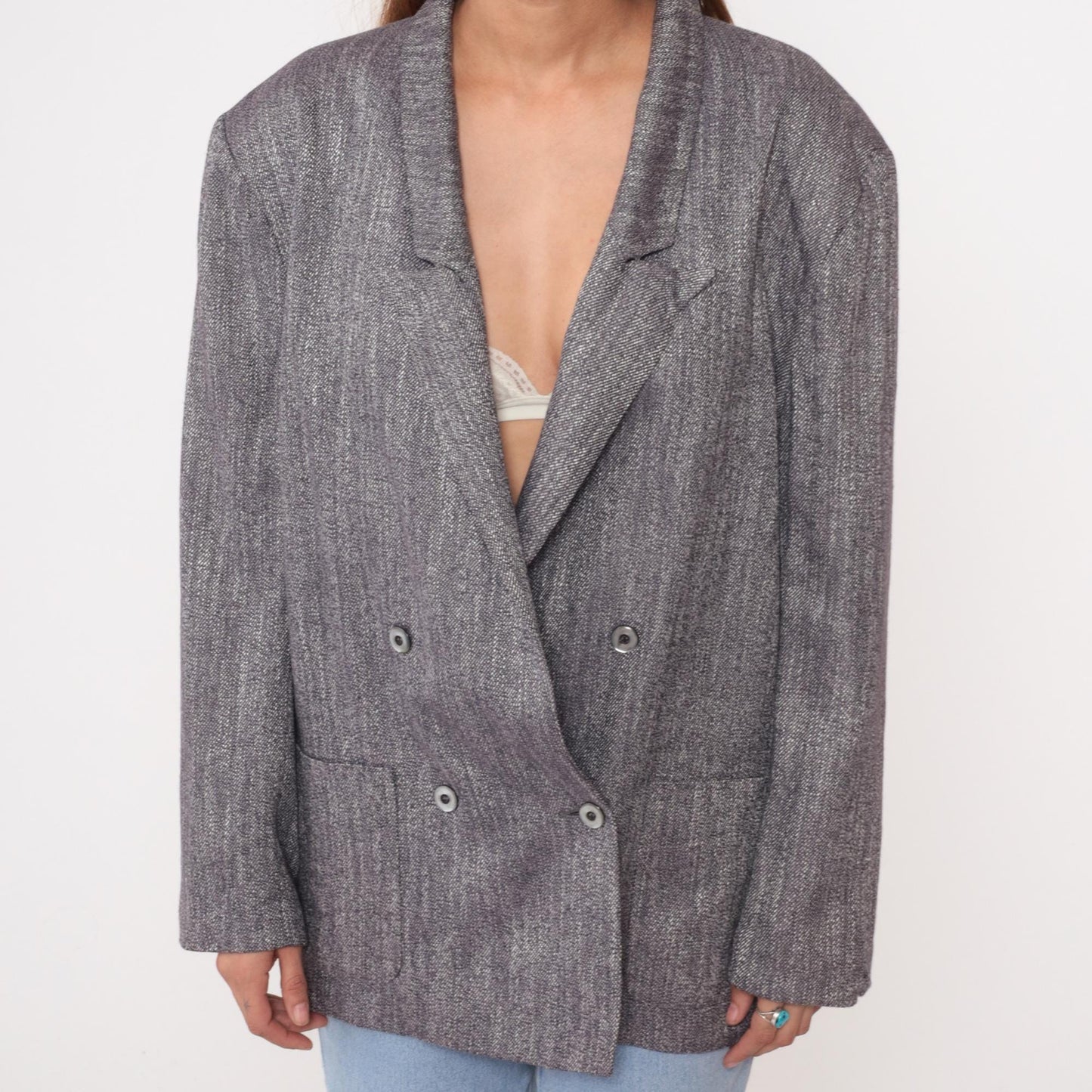 80s Metra by Jantzen Double Breasted Blazer Charcoal Herringbone Peak Lapel Extra Large