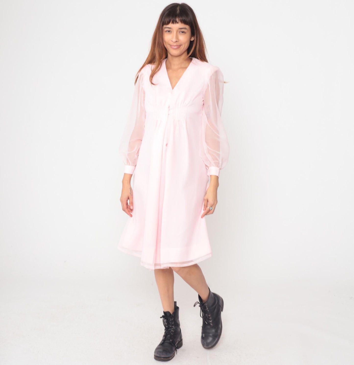 70s Pink Polyester Dress V-Neck Button Front Knee-Length Small
