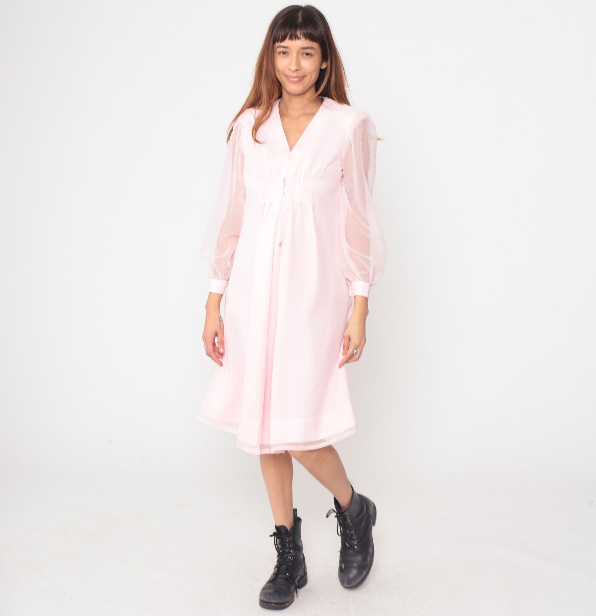 70s Pink Polyester Dress V-Neck Button Front Knee-Length Small