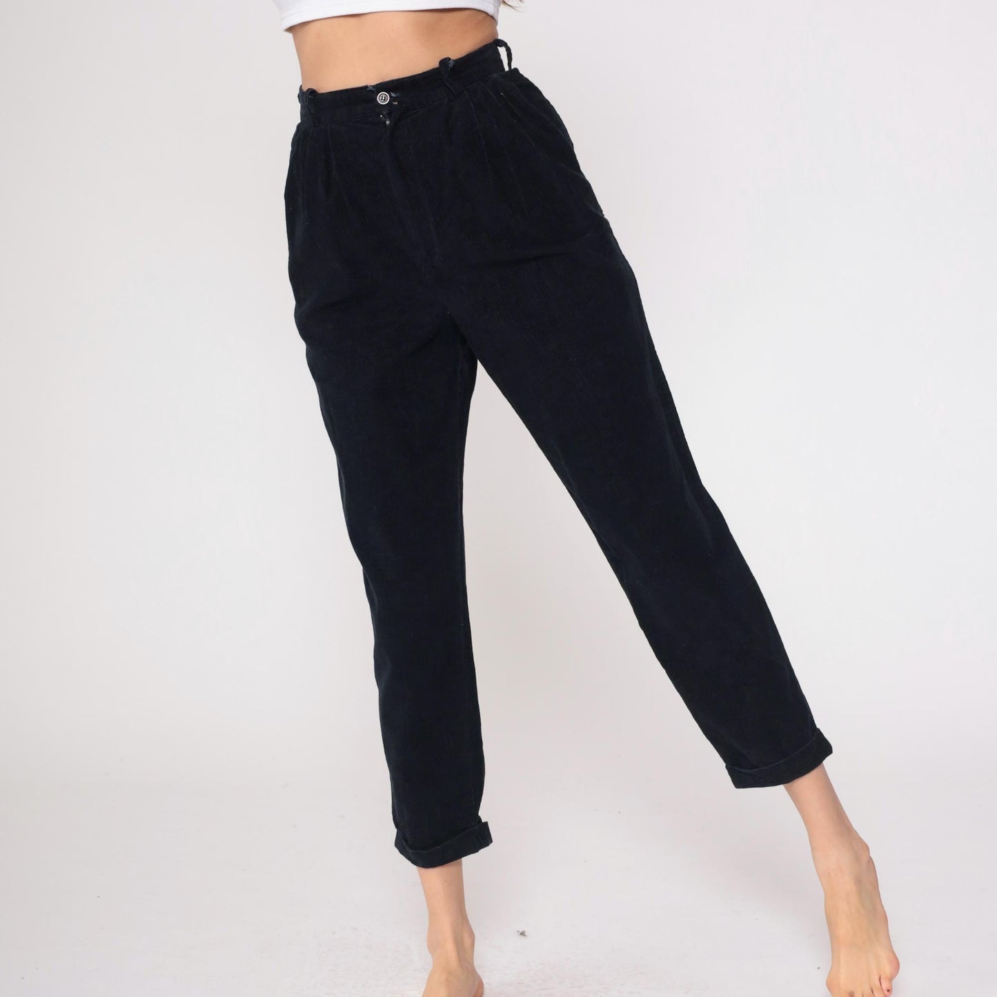 80s Michael Tracy Black Cotton High-Waisted Tapered Pants Small