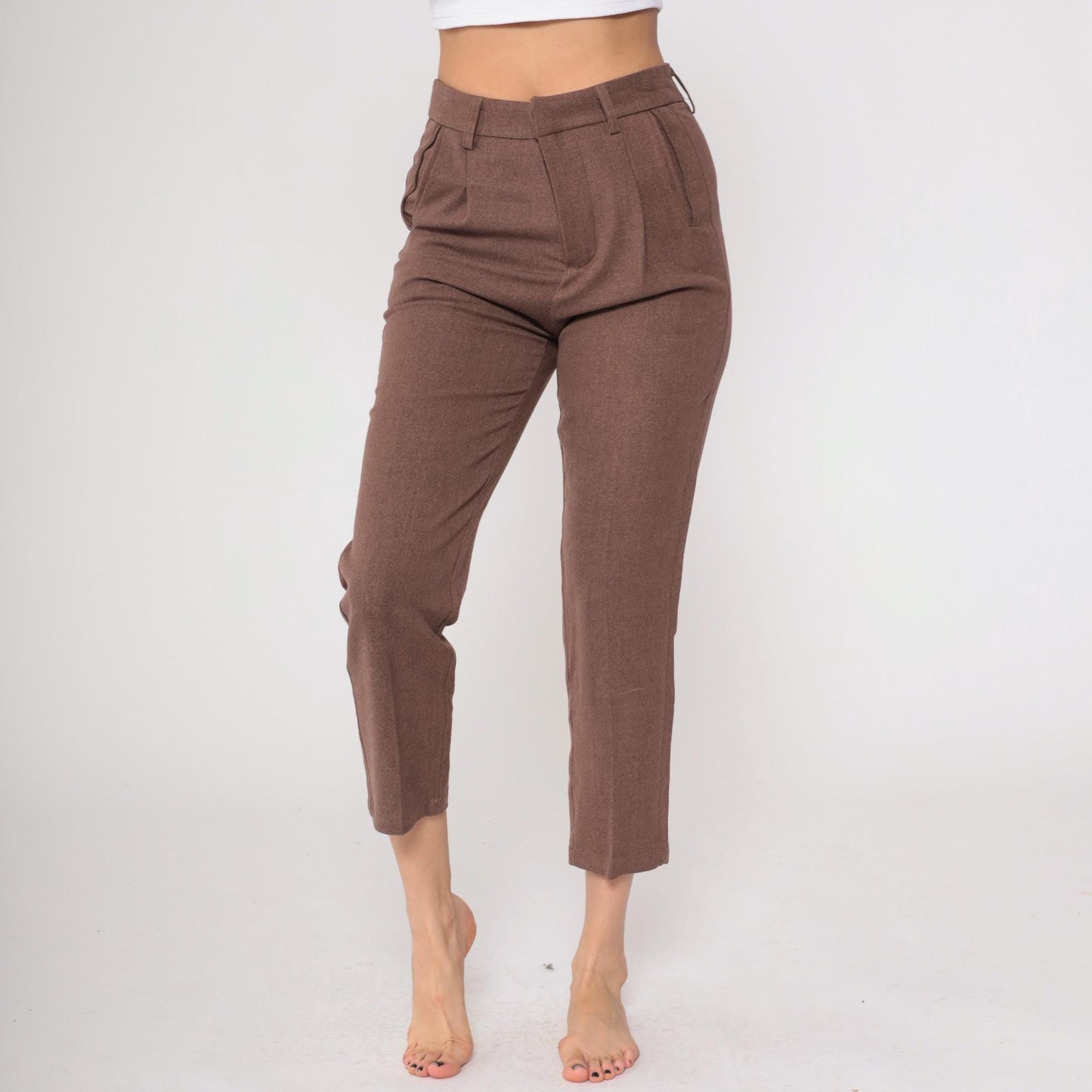 Y2K Brown Pleated Cropped Trousers Straight Leg High Waist Medium M
