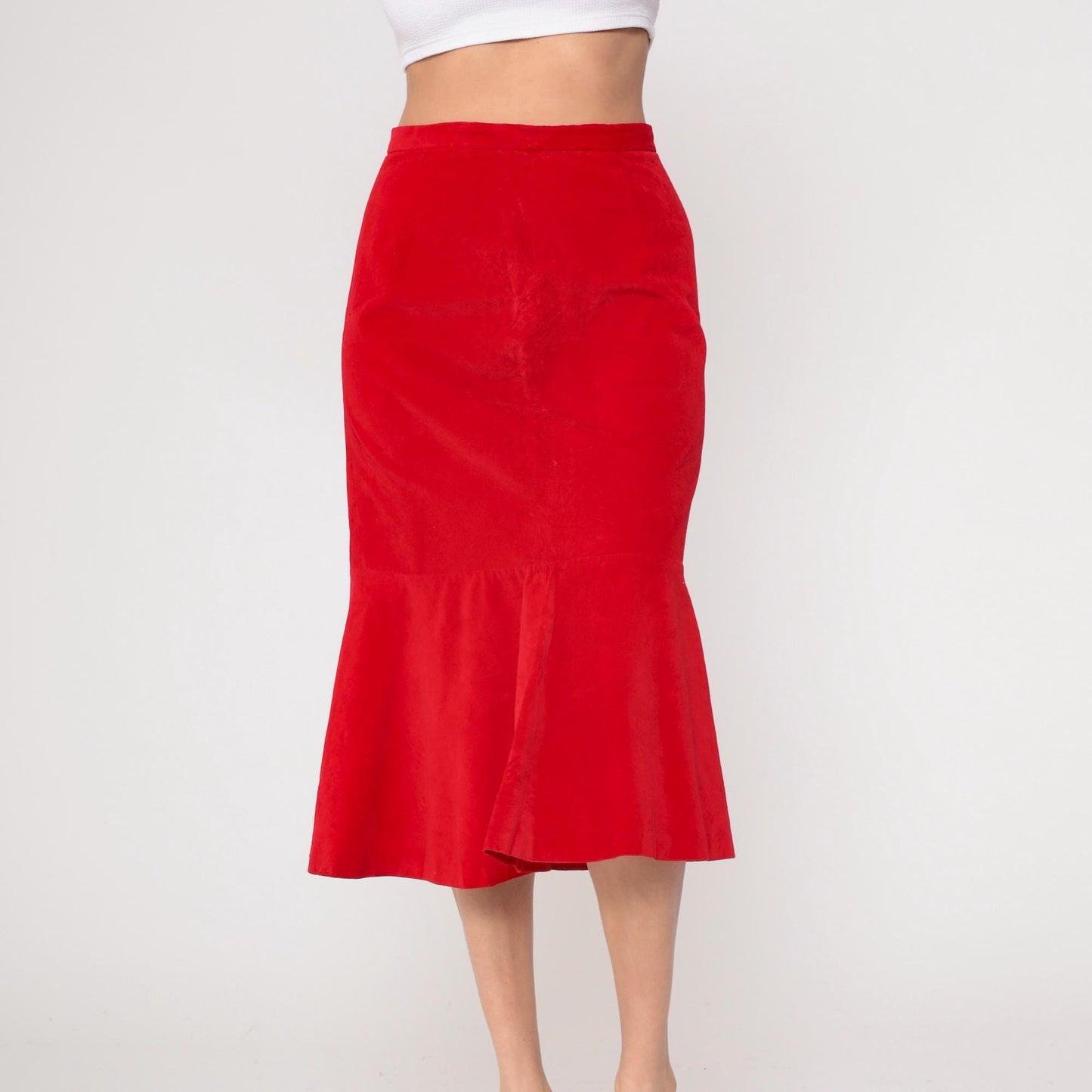 70s Red Velvet Midi Skirt Bucaretti High Waisted Trumpet Flare Small