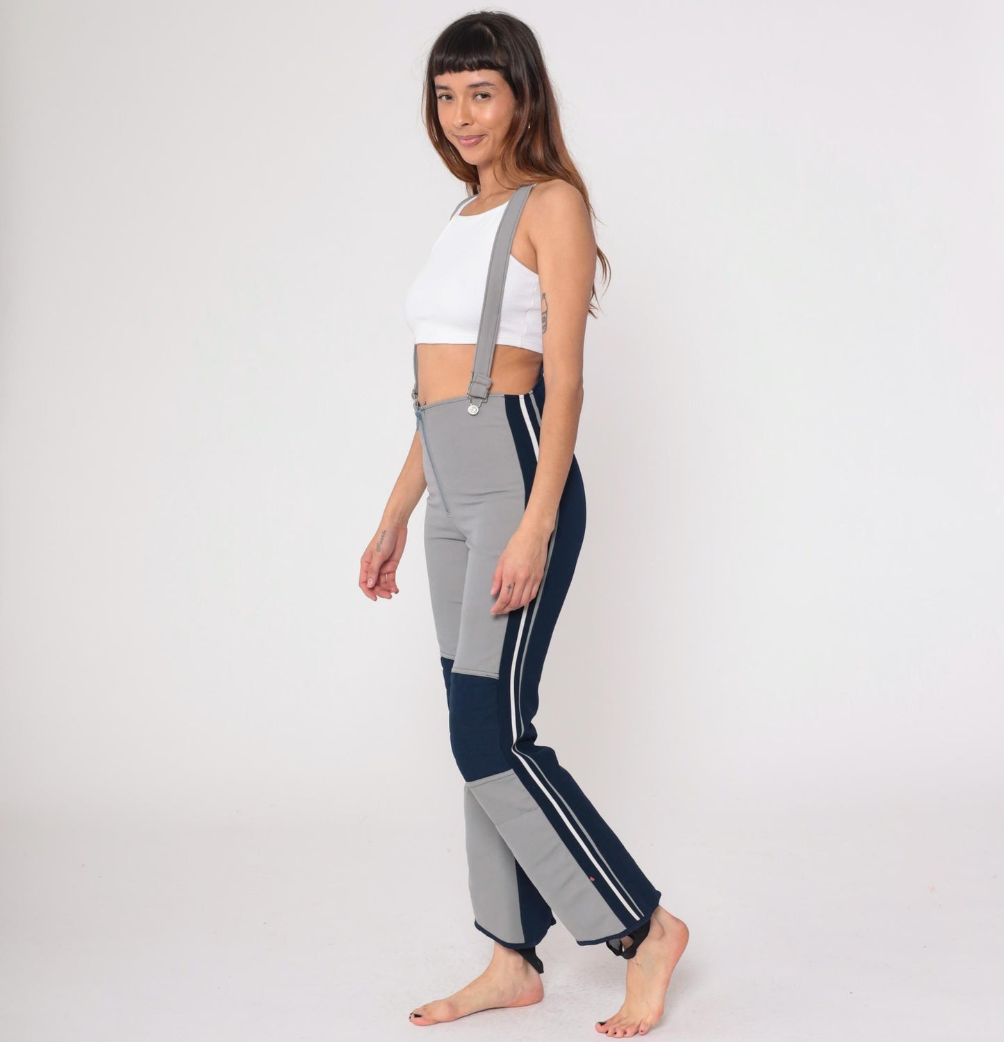 70s Obermeyer Wool Ski Bib Pants Gray Navy Colorblock High Waisted Medium