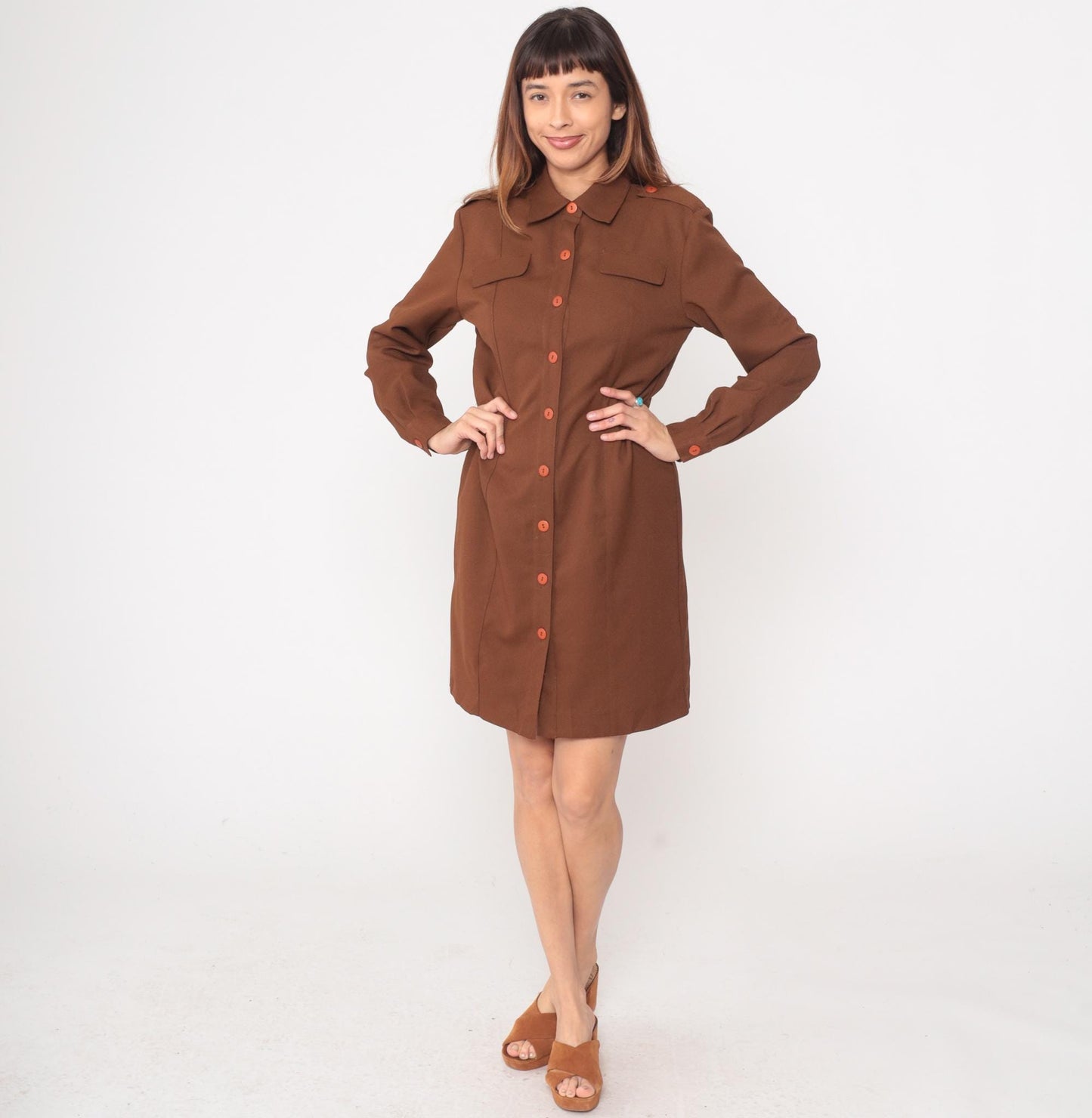 80s JRT Brown Shirt Dress Knee Length Collar Pockets Medium