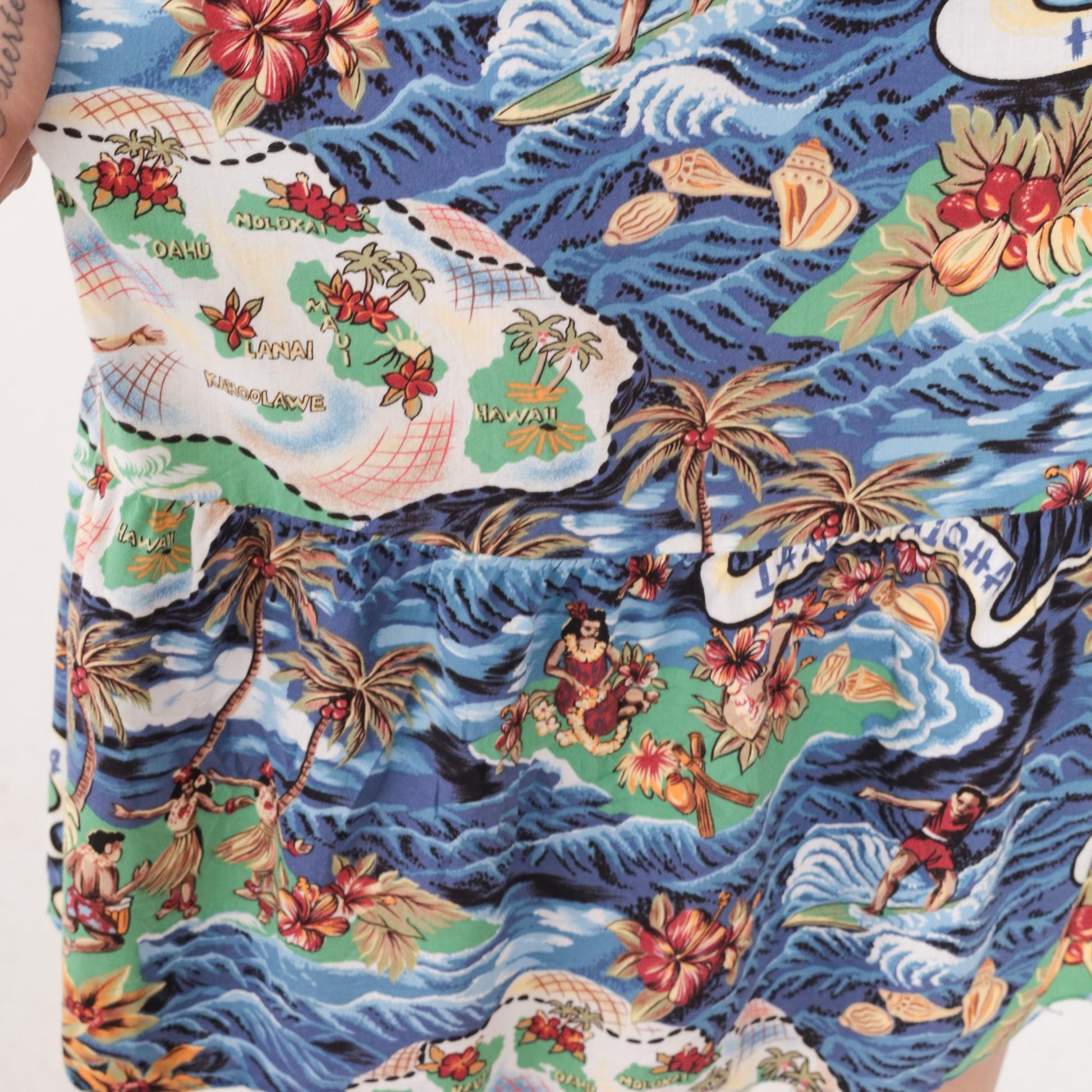 Y2K Hilo Hattie Hawaiian Midi Dress Blue Ocean Wave Print Small