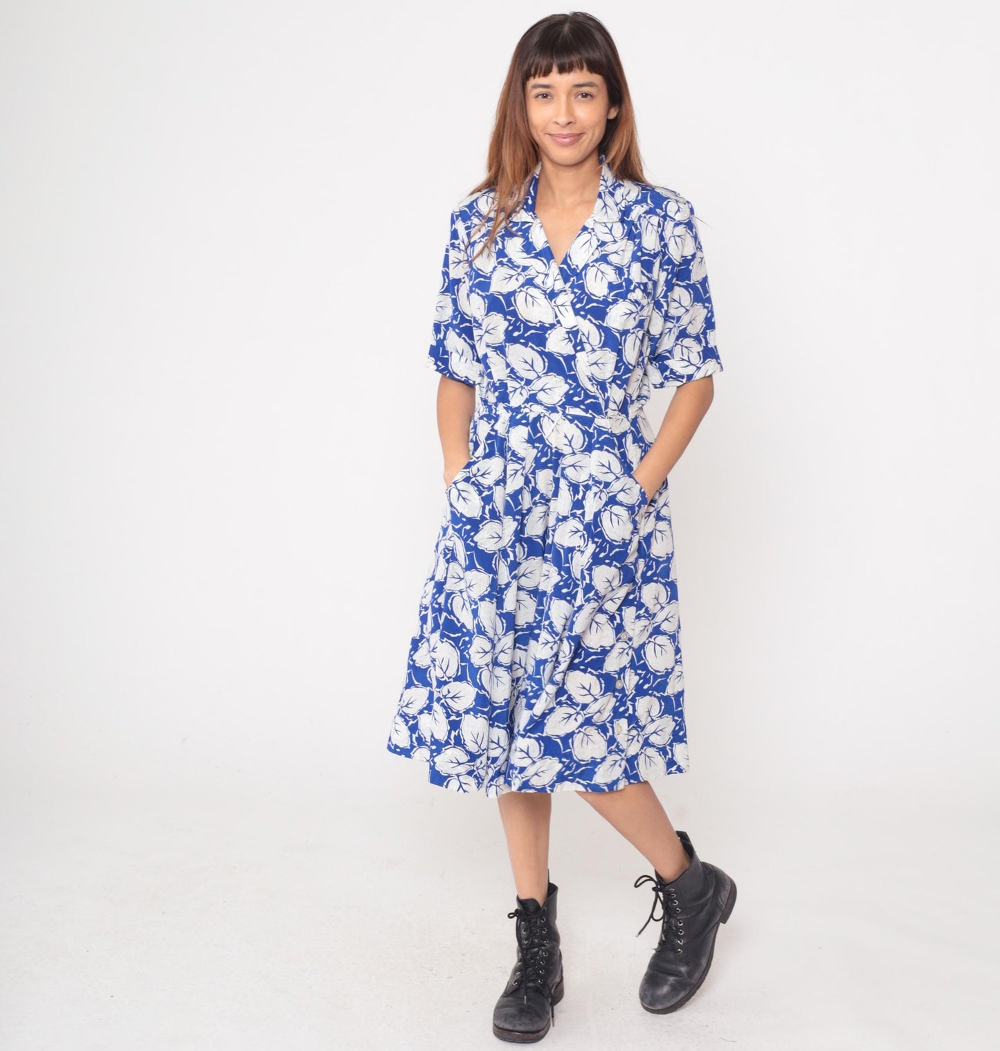 80s Darian Blue White Floral Midi Wrap Dress Collared V-Neck Medium