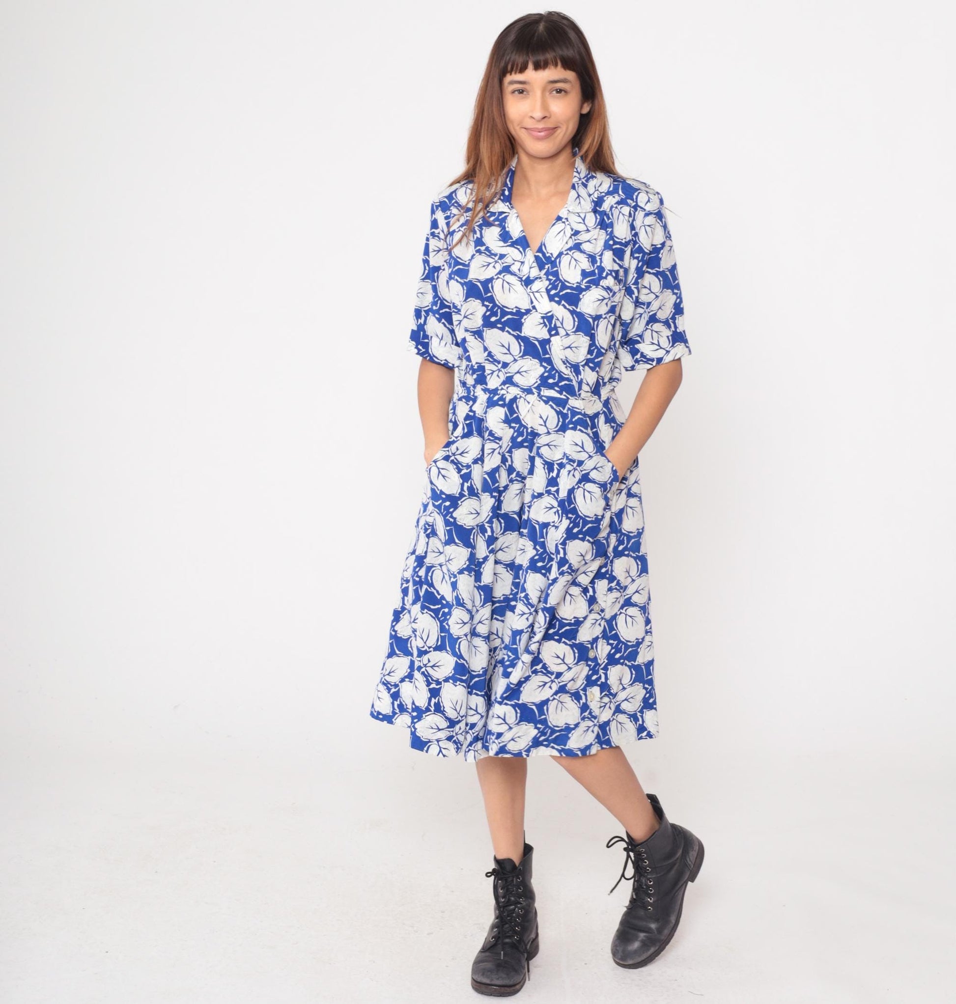 80s Darian Blue White Floral Midi Wrap Dress Collared V-Neck Medium