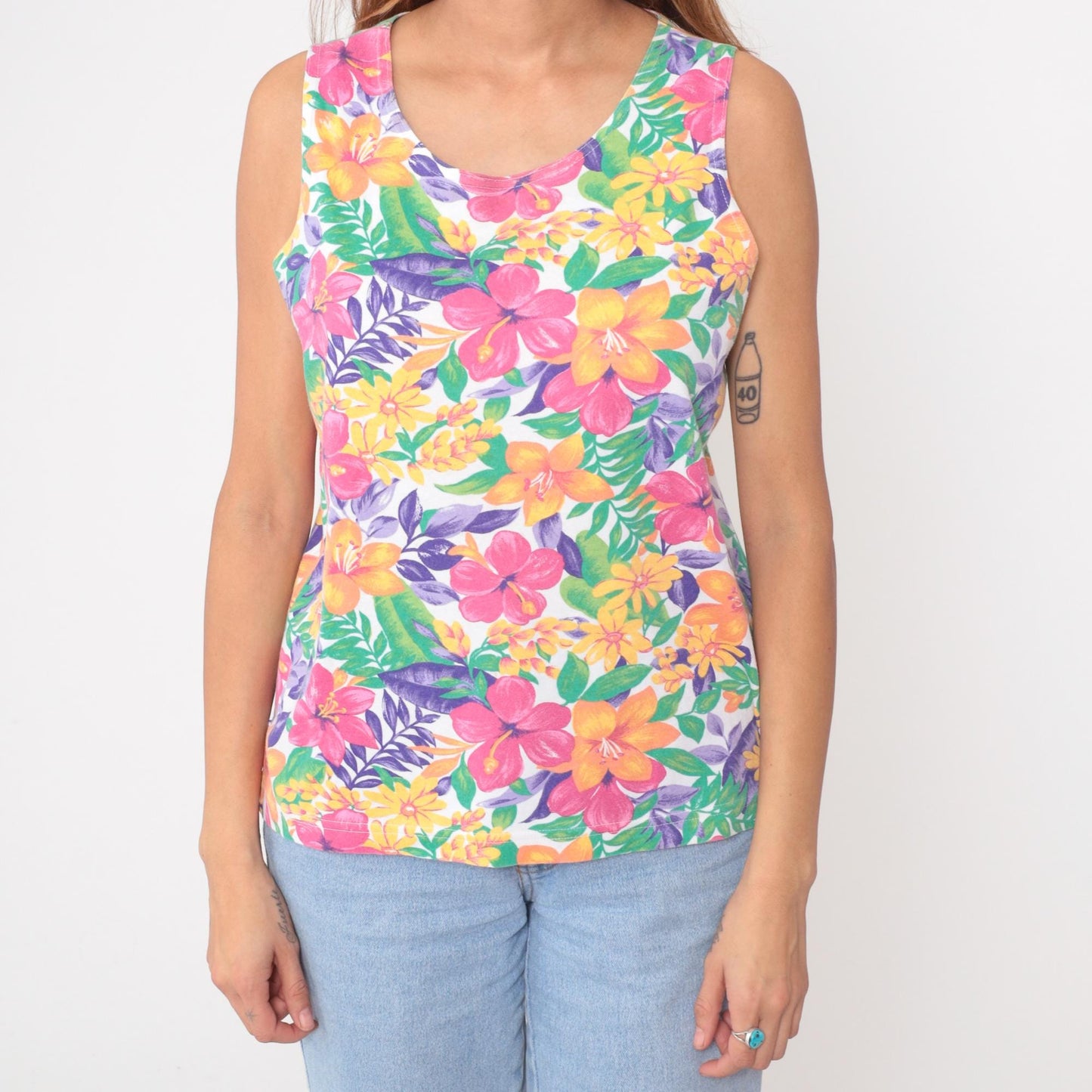 90s Tropical Floral Tank Top White Pink Orange Yellow Purple Medium