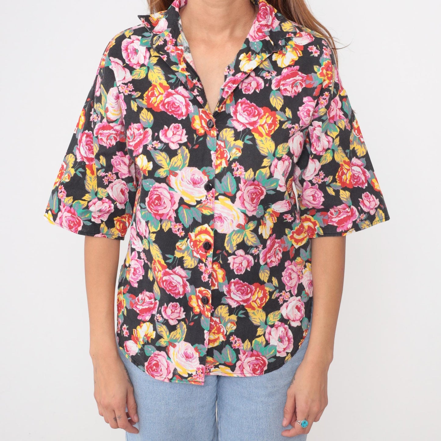 90s Sure Thing of California Black Floral Button Down Shirt Medium M