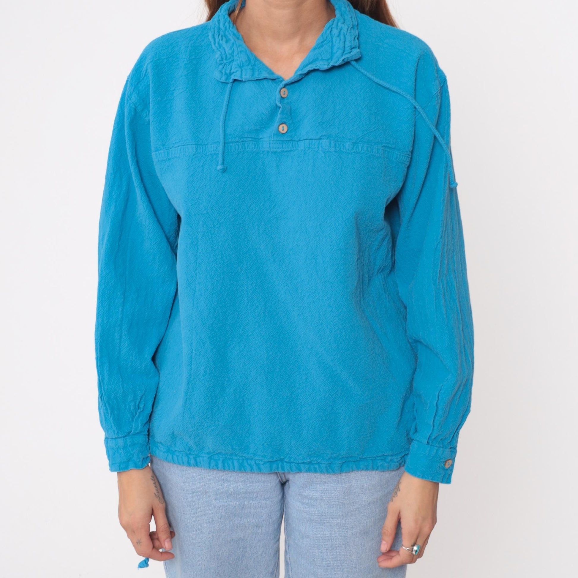 90s Sea Breeze Turquoise Cotton Blouse Peter Pan Collar Button Front Small
