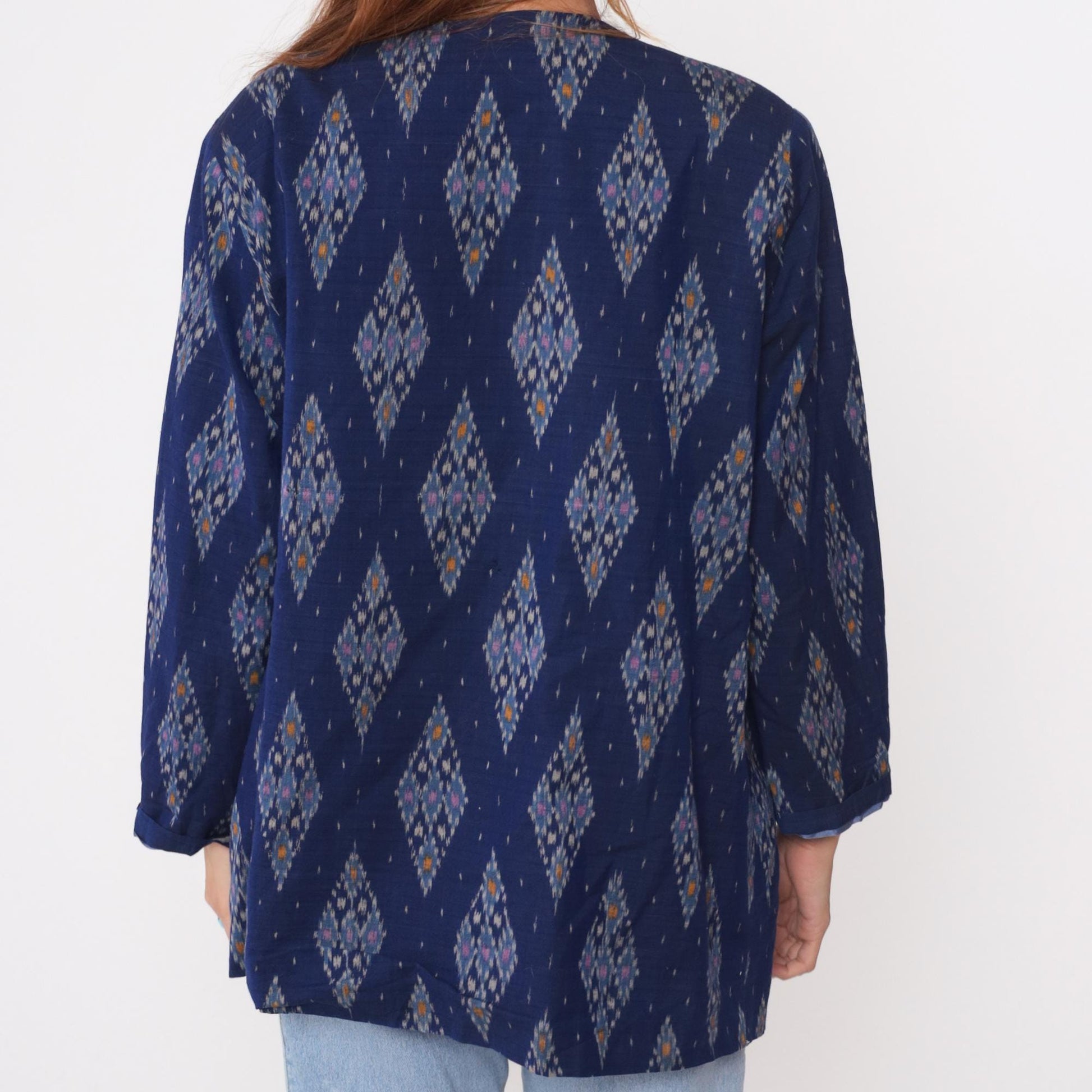 80s Navy Ikat Diamond Kimono Cardigan Cotton Open Front Medium