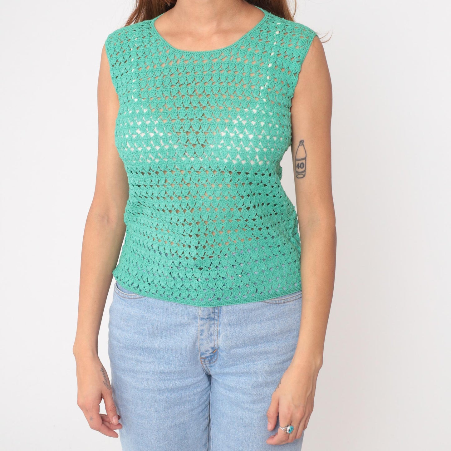 70s Turquoise Crochet Knit Sleeveless Tank Top Open Stitch Small