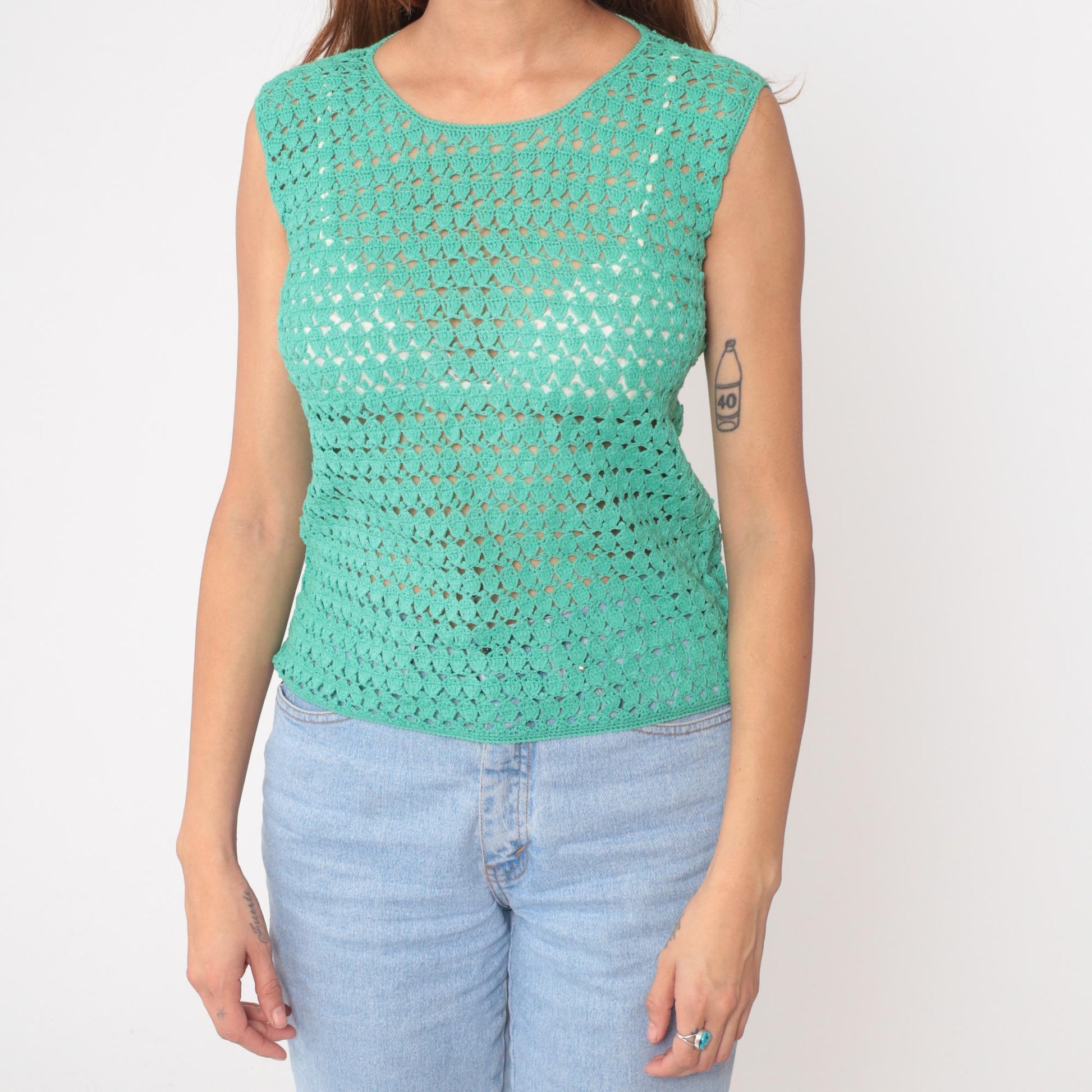 70s Turquoise Crochet Knit Sleeveless Tank Top Open Stitch Small