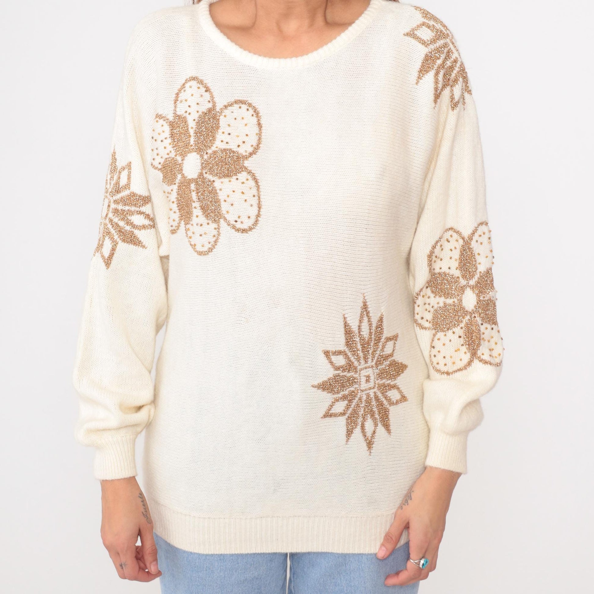 80s Nilani Cream Beaded Sweater Gold Floral Sequin Pullover Medium M