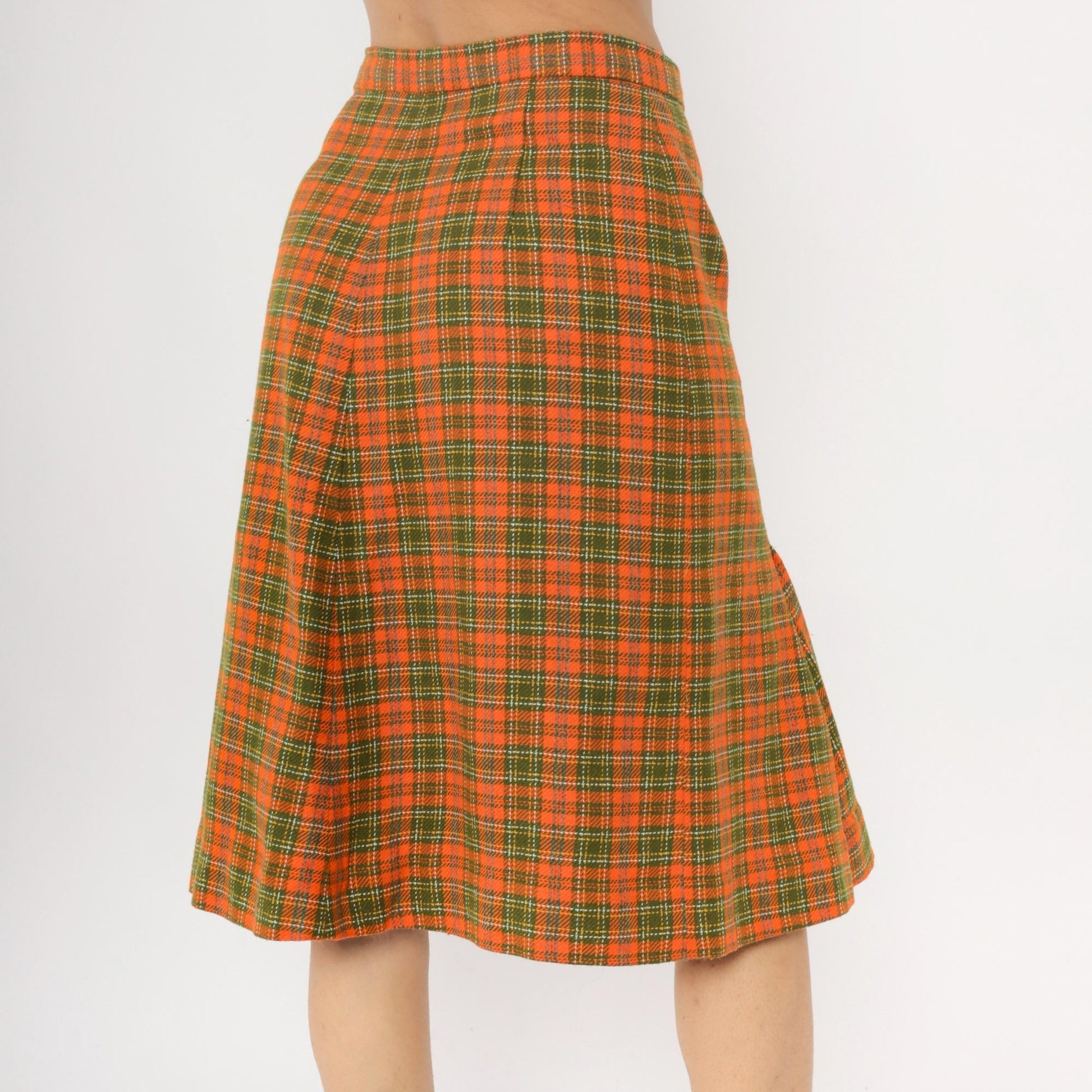 70s Orange Green Plaid A-Line Skirt Knee Length Wrap Small