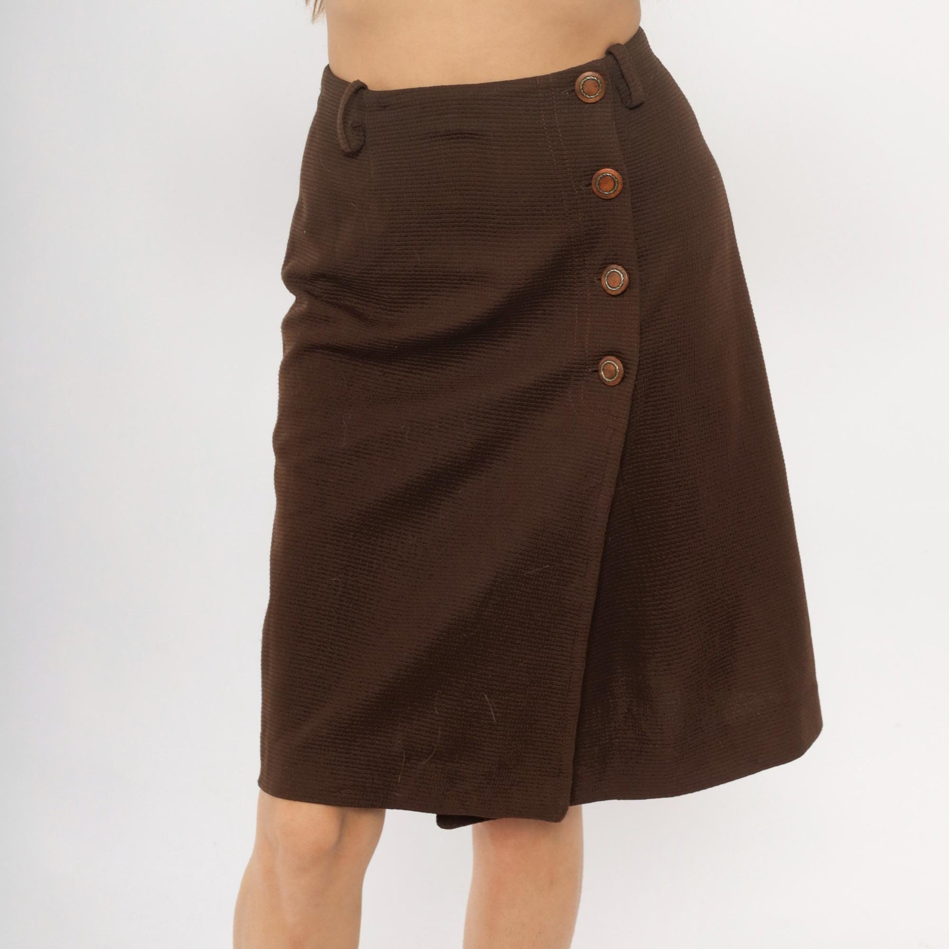 70s Brown Polyester A-Line Skirt Side Button Closure Small S