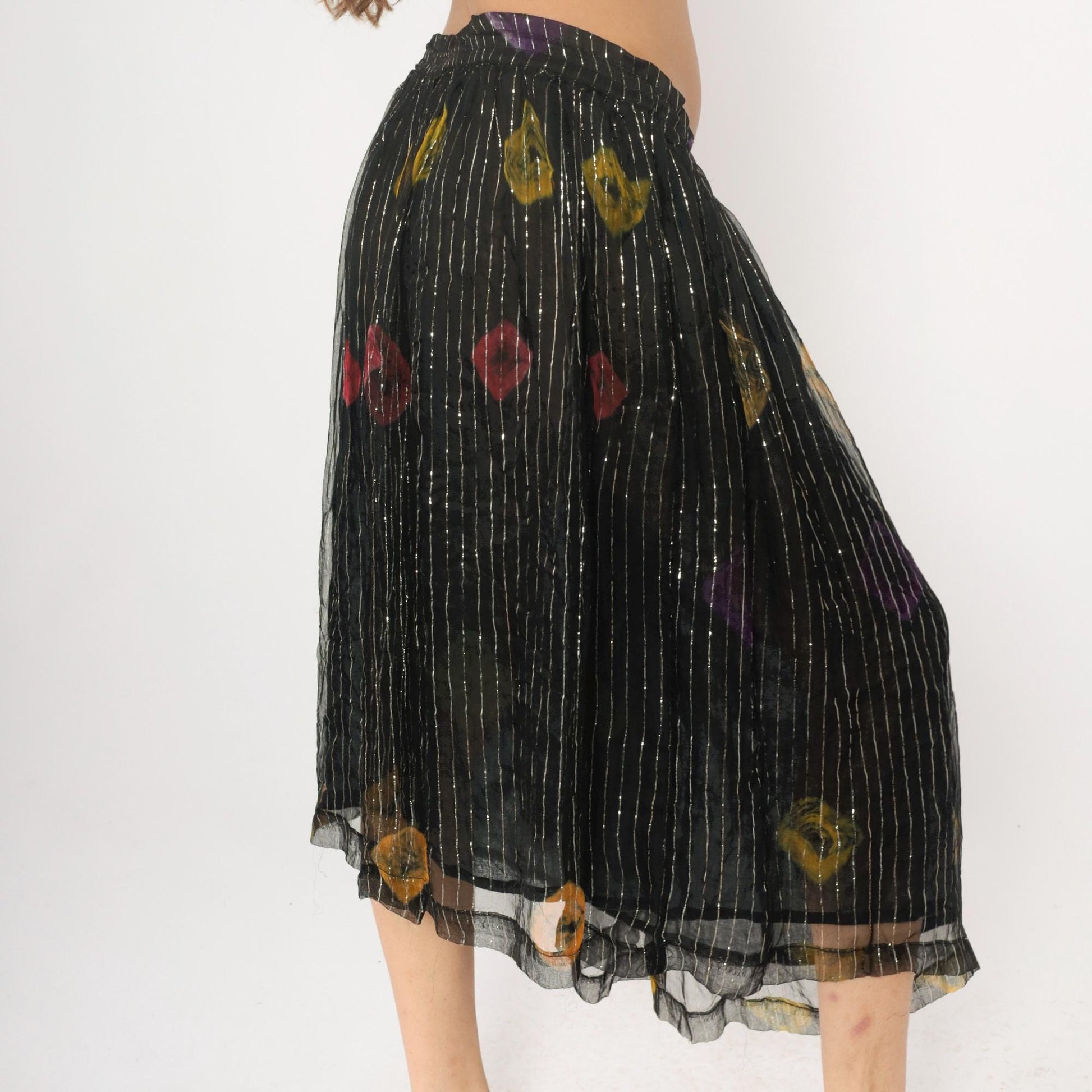 90s Black Floral Midi Skirt Metallic Pinstripe Sheer Overlay Medium