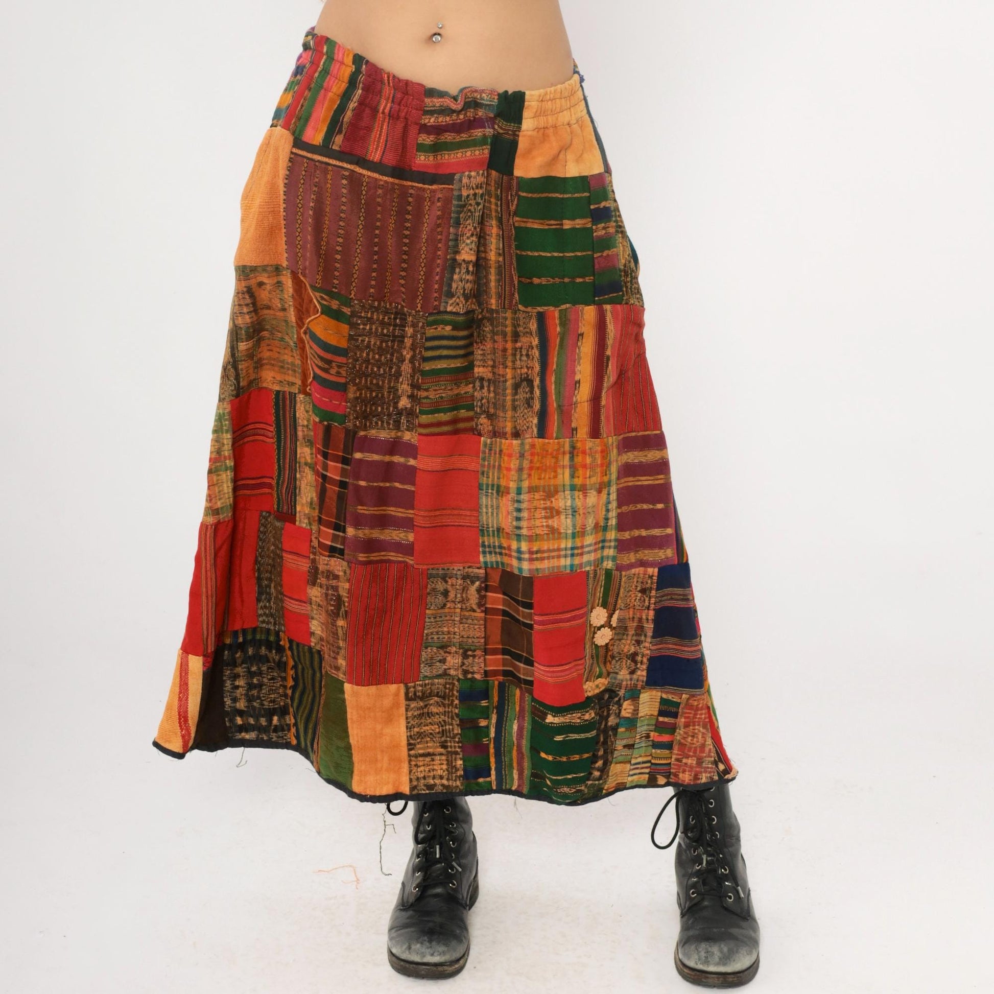 90s Patchwork A-Line Skirt Multicolor Ethnic Striped Cotton Ankle Length Medium