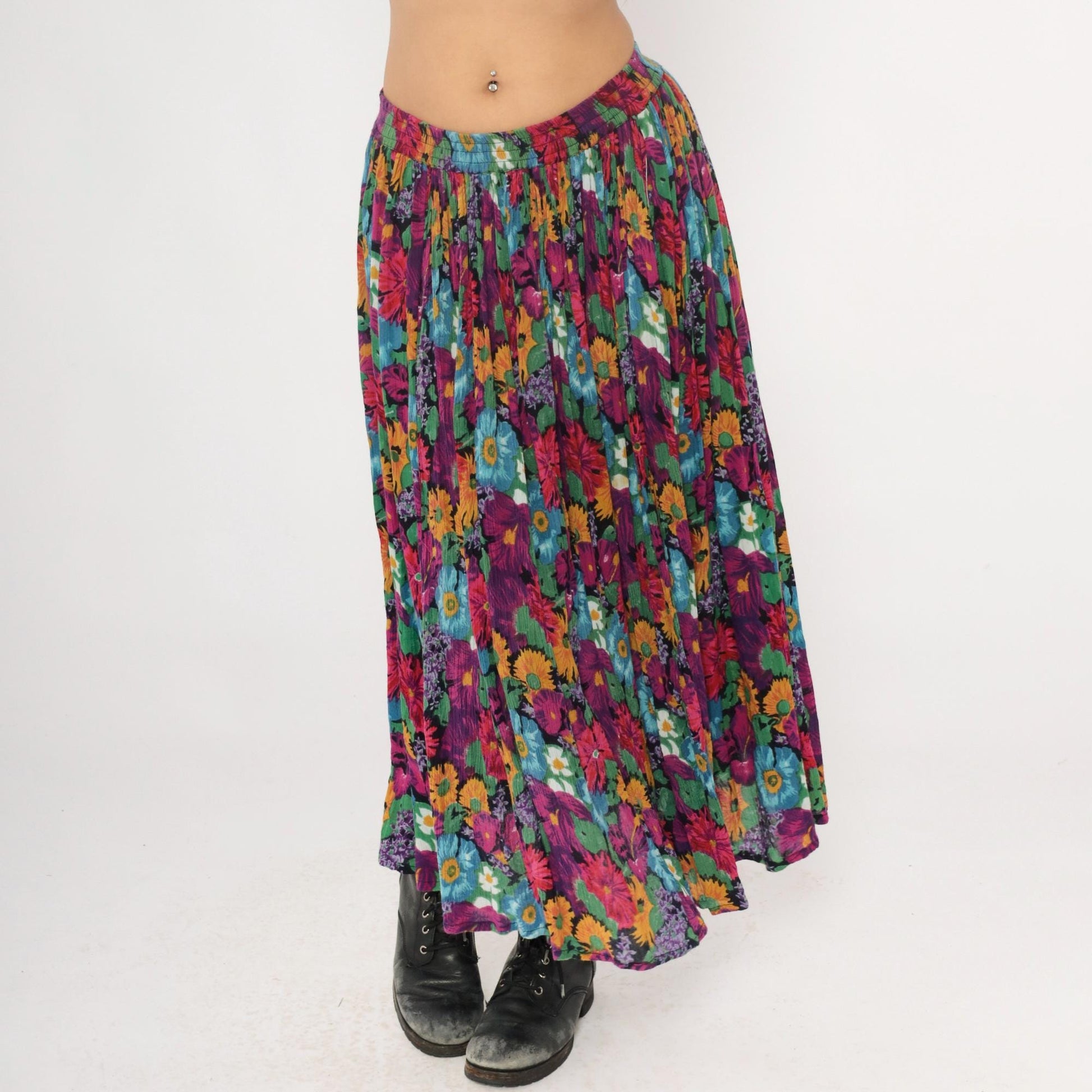 90s Jane Ashley Floral Maxi Skirt Purple Multicolor Gathered Large L