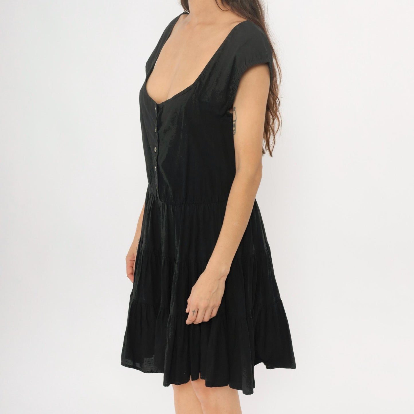 90s Black Cotton Prairie Mini Dress Tiered Skirt Cap Sleeve Medium