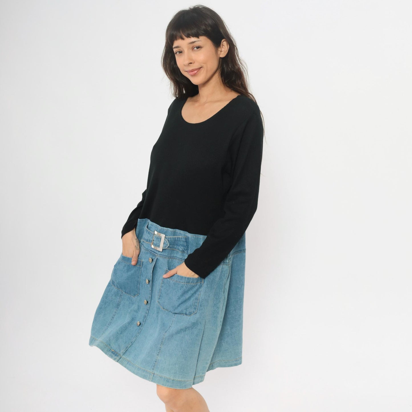 90s Diana Marco Denim Dress Black Chambray Two Tone Belted Extra Large XL