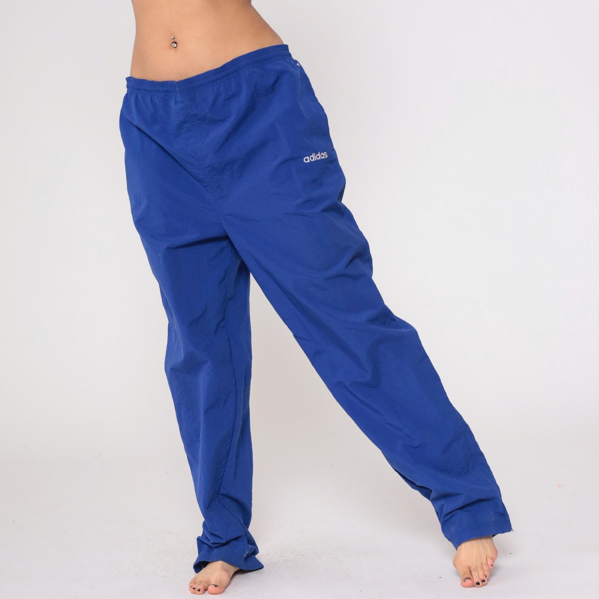 90s Adidas Royal Blue Track Pants Nylon Windbreaker Elastic Waist Large L