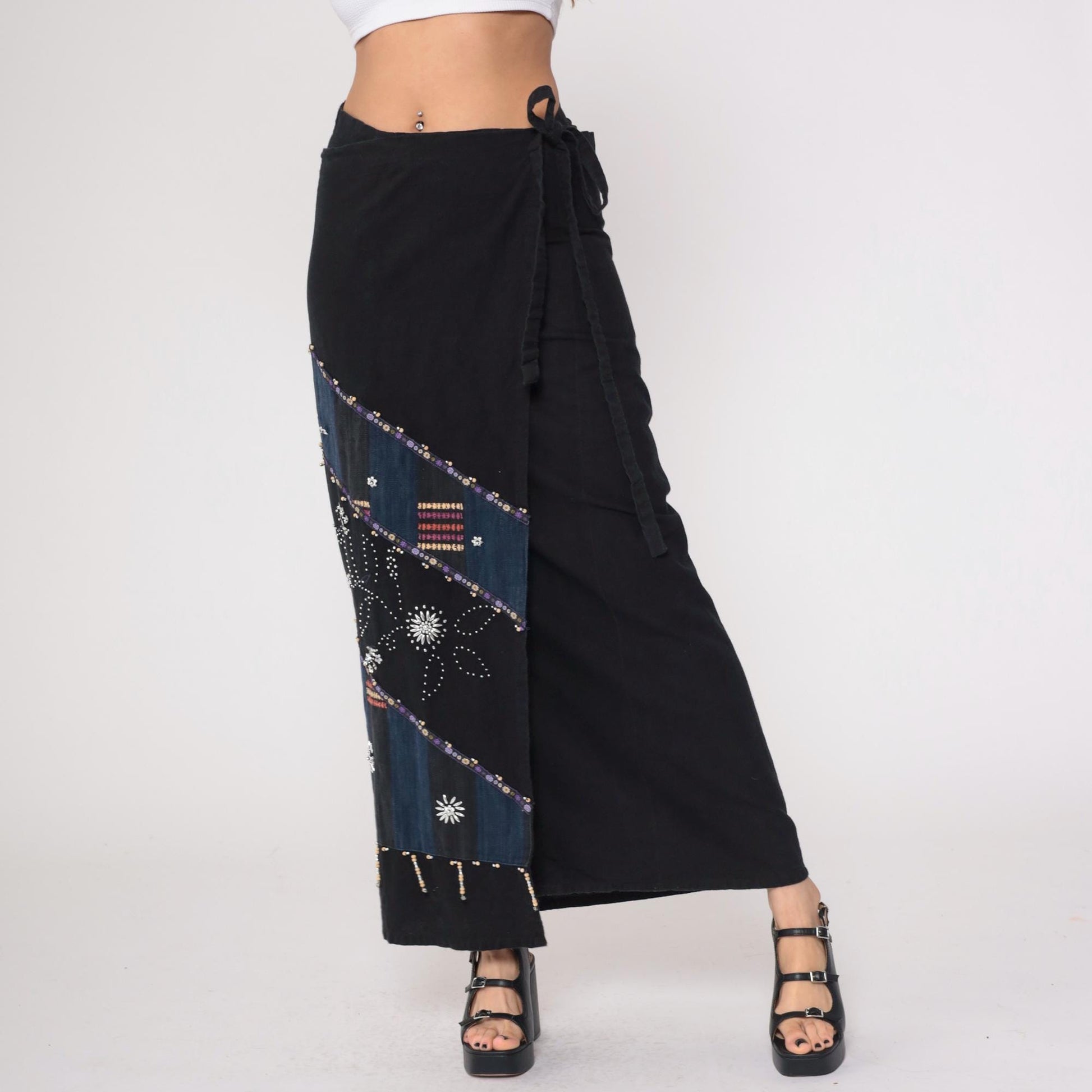 Y2K Black Wrap Skirt Beaded Navy Maxi Sequin Geometric Tribal Cotton Large