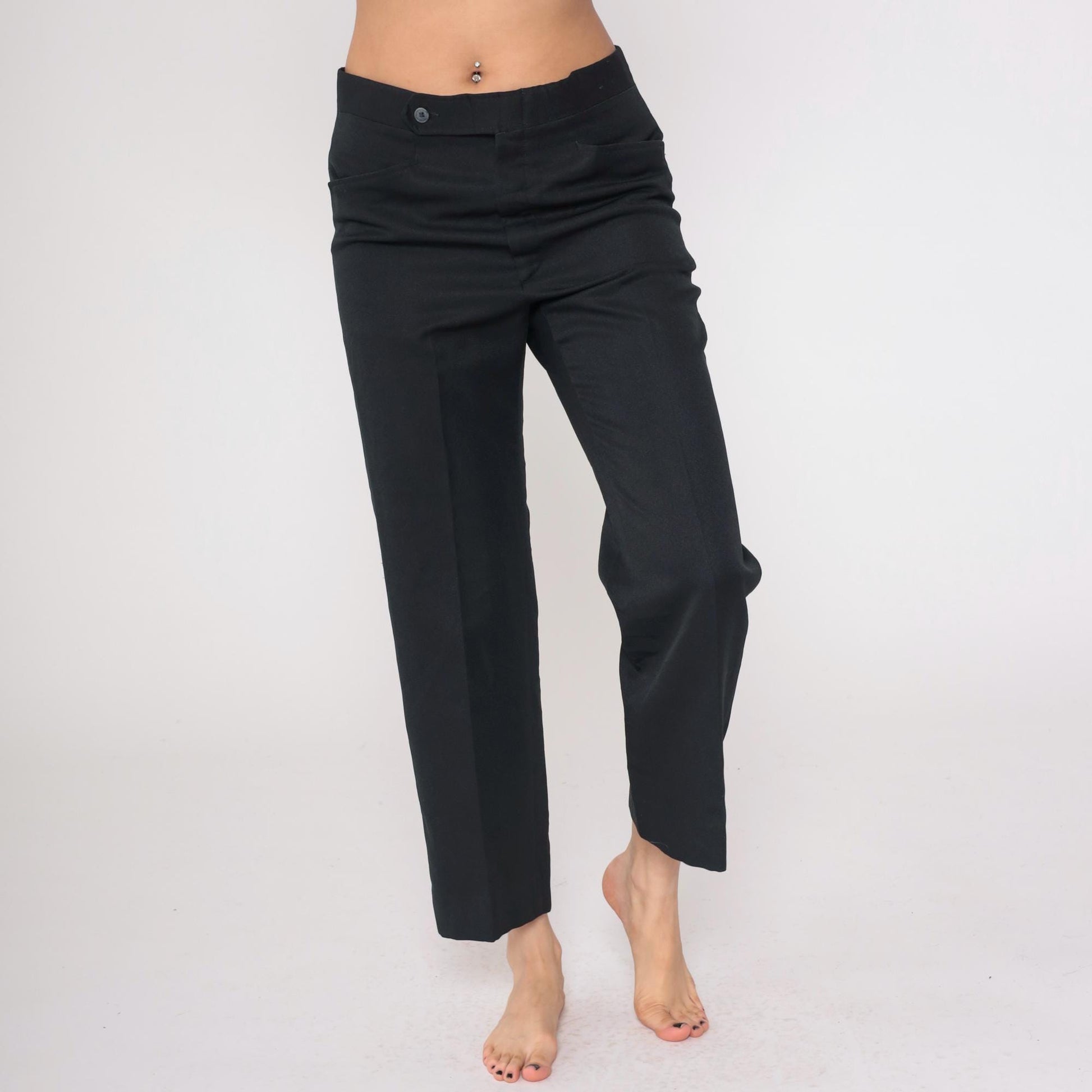 70s Black Expand-O-Matic High Waist Straight Leg Trousers Cropped Medium