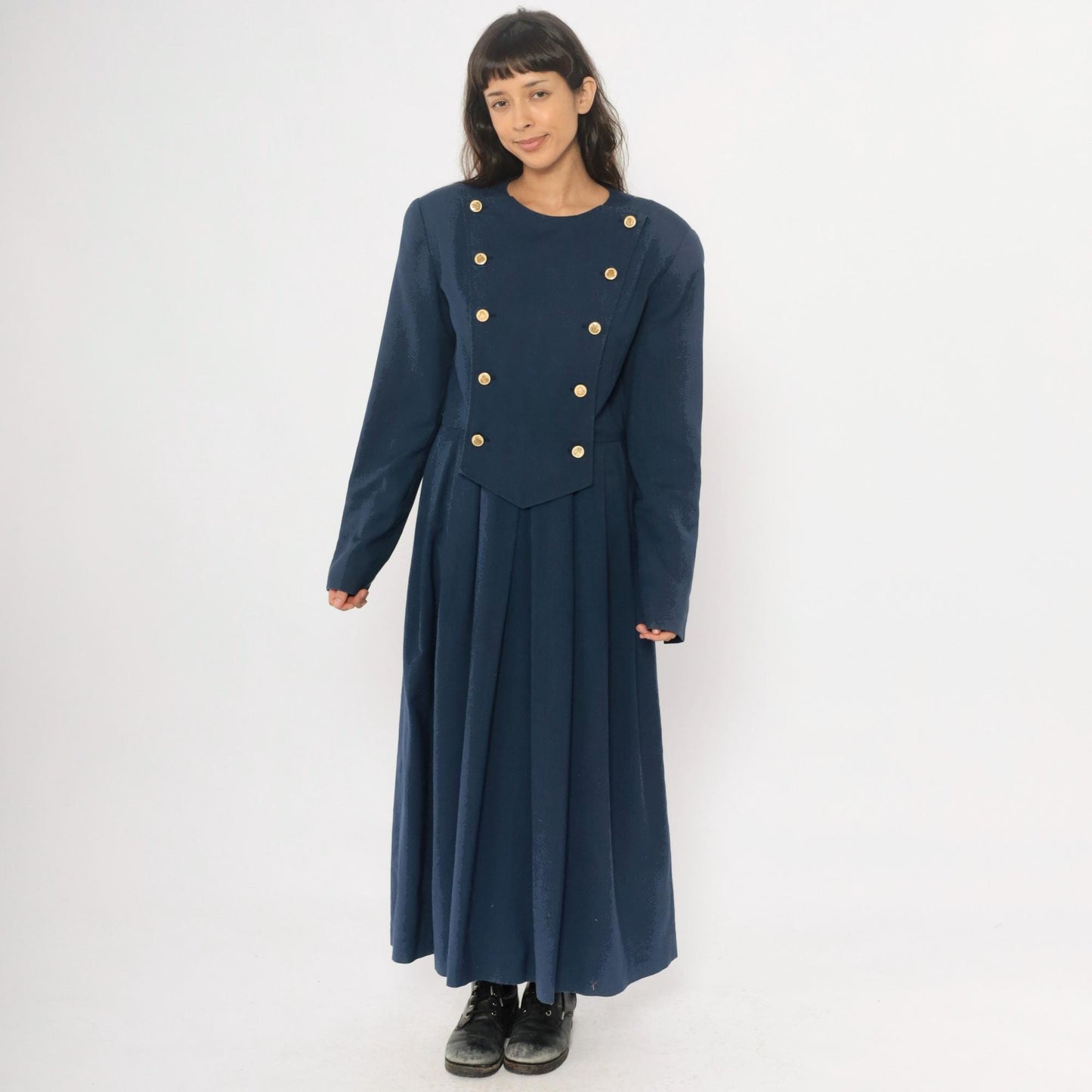 80s Navy Military Double-Breasted Maxi Dress Gold Buttons Large L