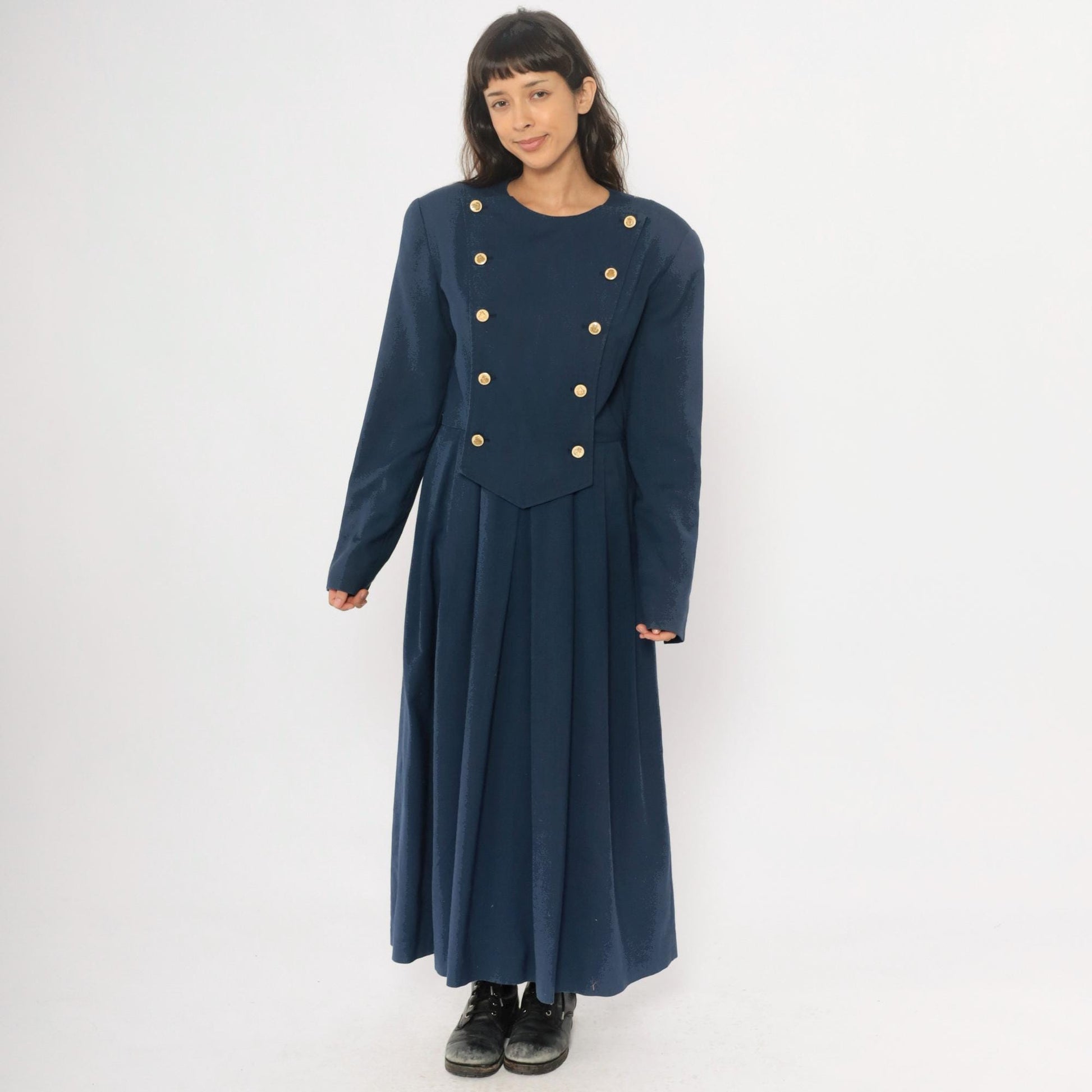 80s Navy Military Double-Breasted Maxi Dress Gold Buttons Large L