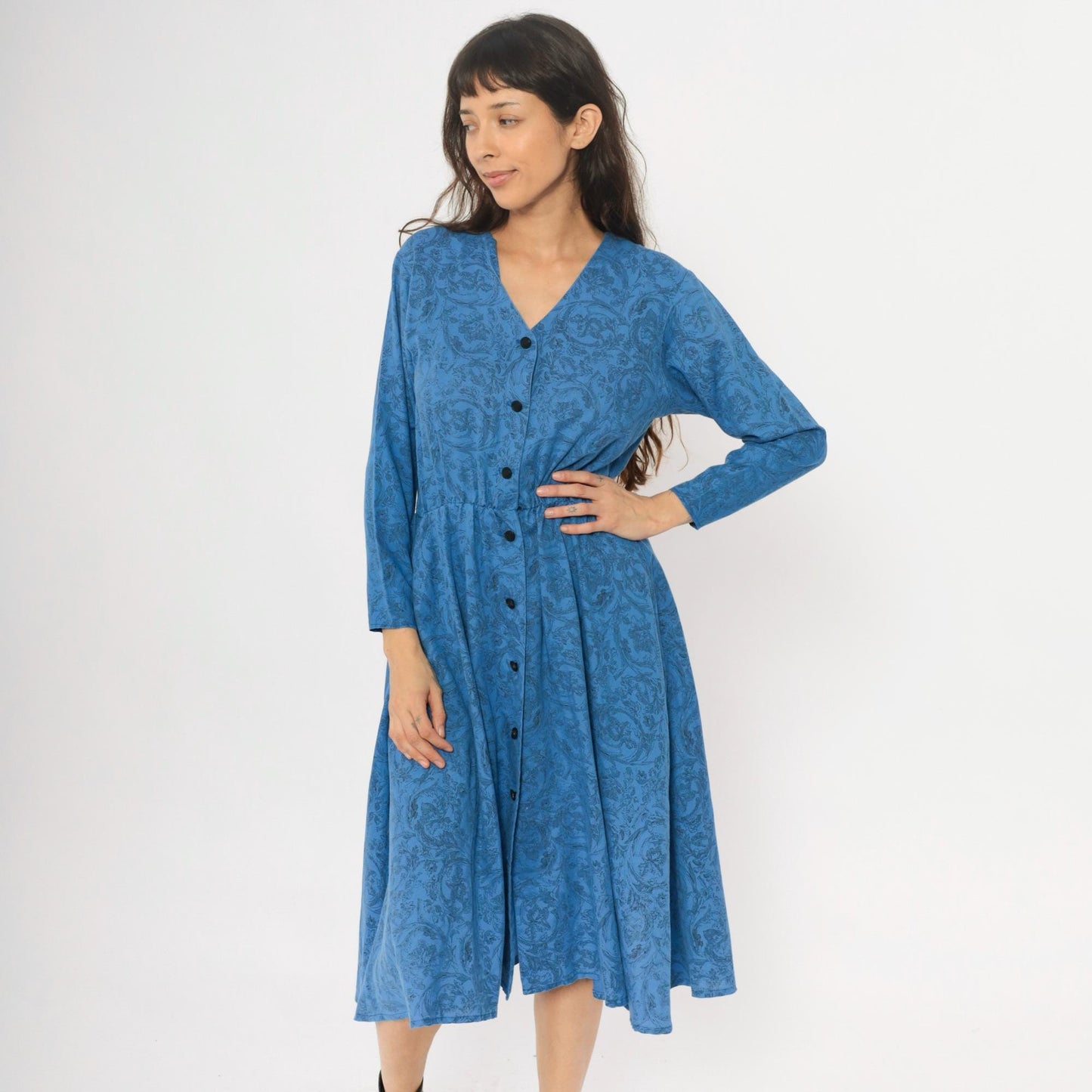 80s Blue Paisley Button-Front Dress V-Neck Long Sleeve Gathered Waist Medium M