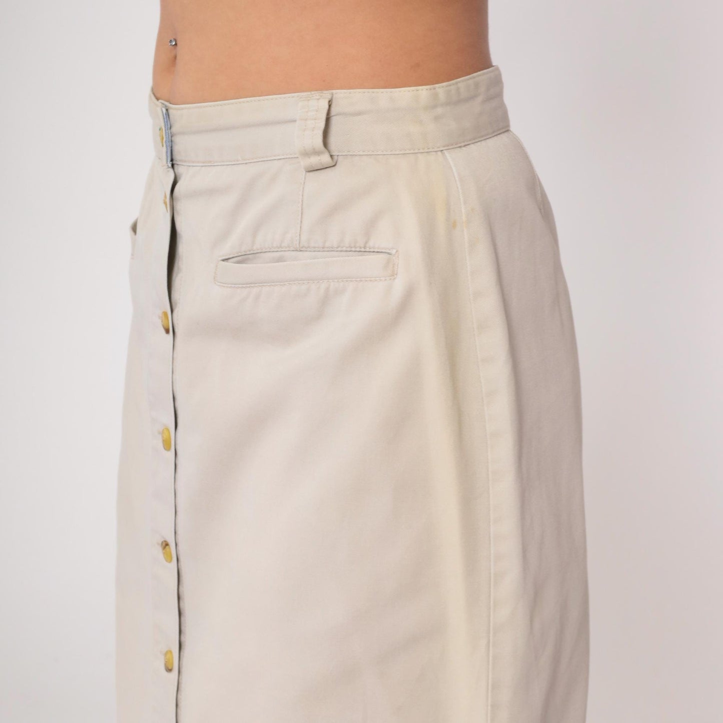 90s Tommy Hilfiger Khaki Skirt Cotton High Waist Button Front Large
