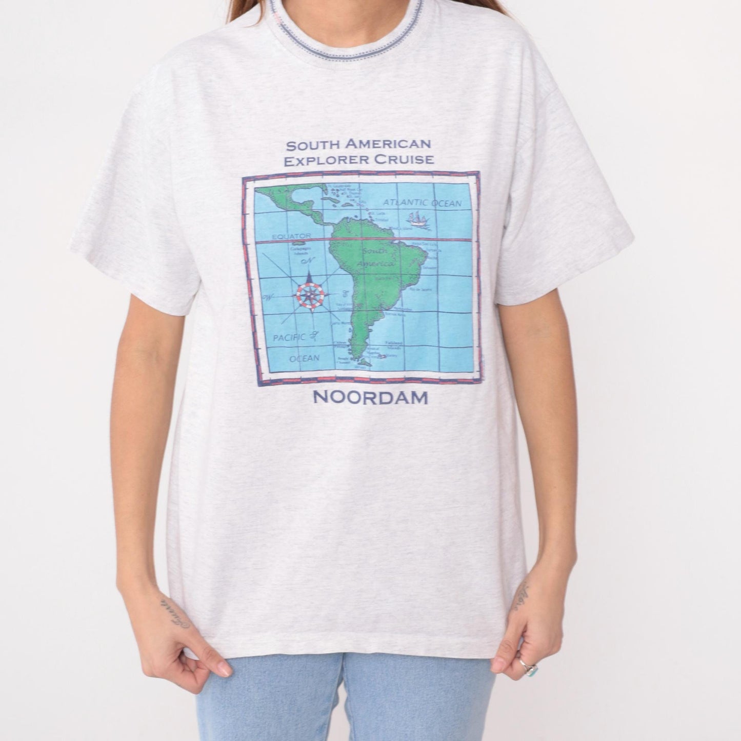 90s South American Explorer Cruise Map Tee White Cotton Large L
