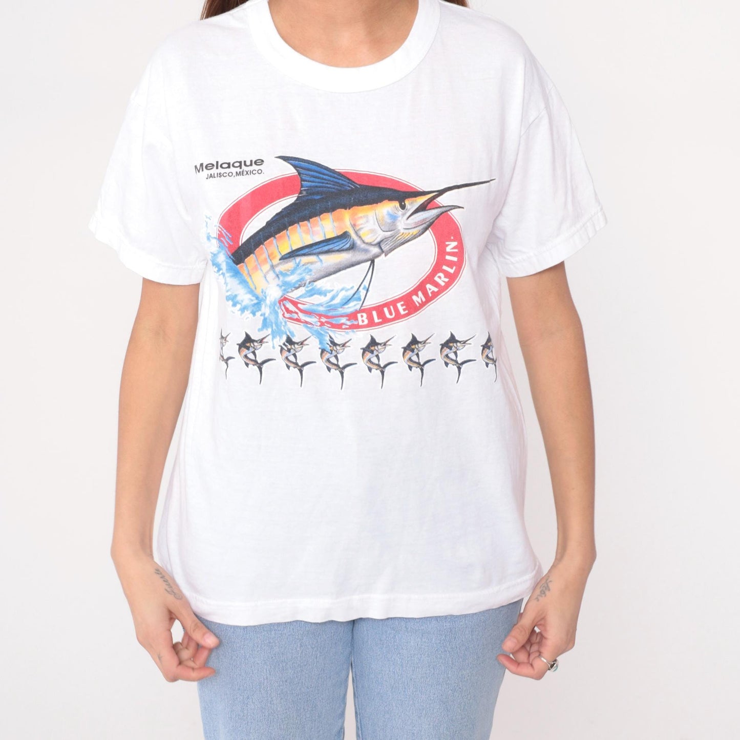 Y2K Blue Marlin Swordfish Graphic Tee Jalisco Mexico White Crew Neck Medium