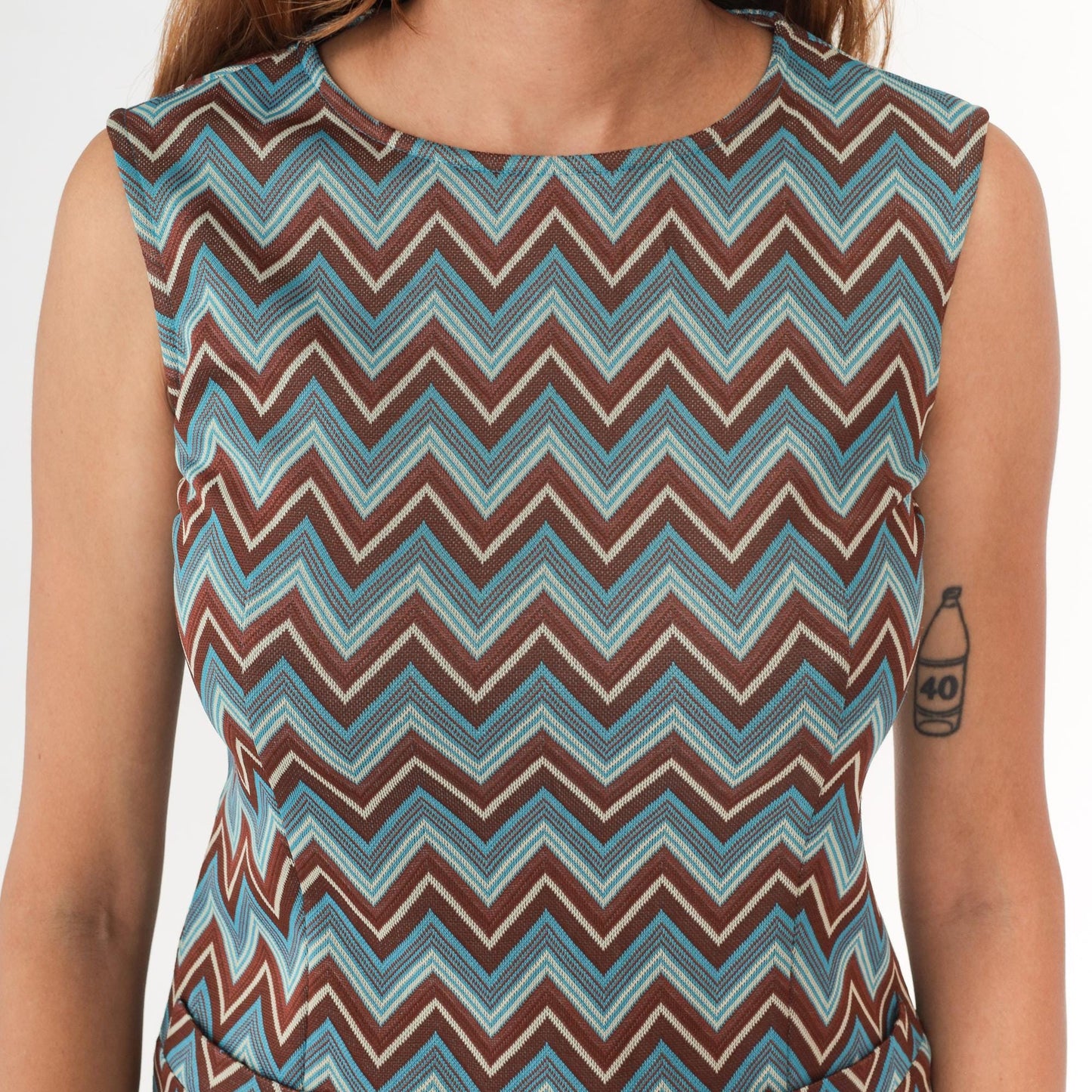 Y2K Chevron Mini Dress Turquoise Brown Cream Shift Sleeveless Small