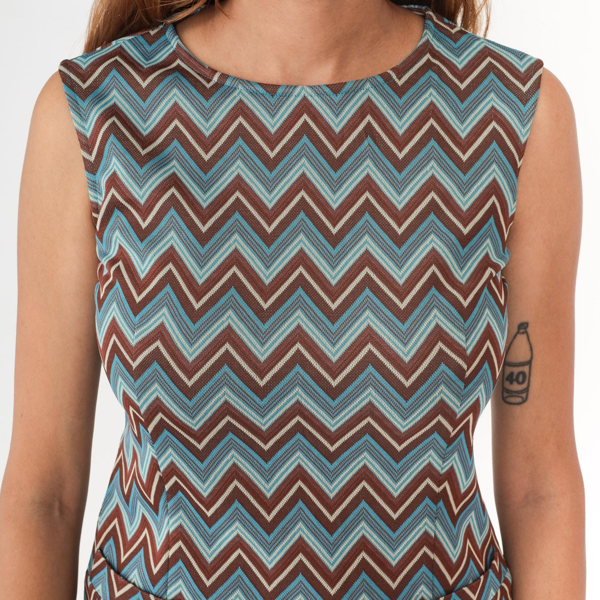 Y2K Chevron Mini Dress Turquoise Brown Cream Shift Sleeveless Small