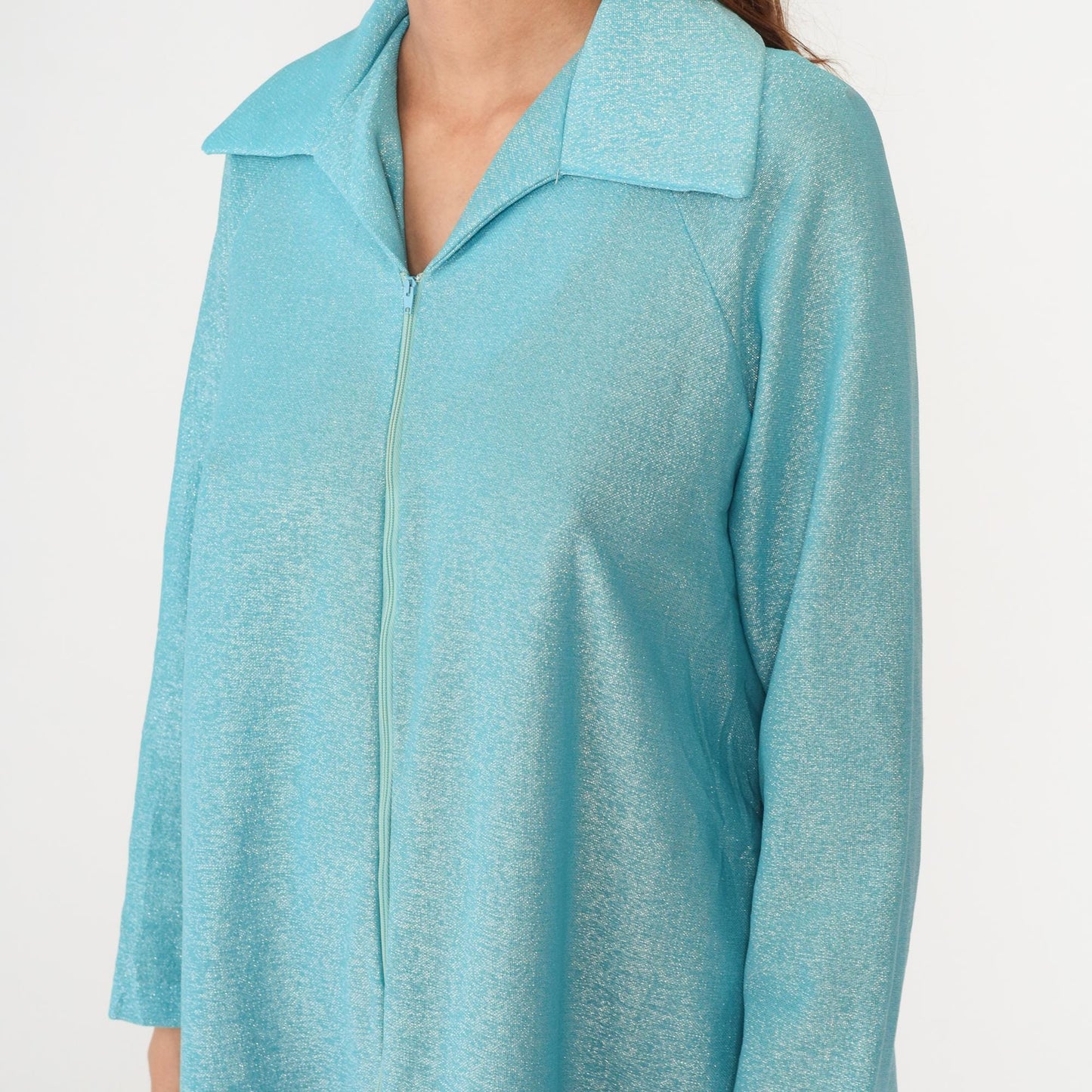 70s Aristique Turquoise Metallic Maxi Robe Zip Front Collared Loungewear Large L